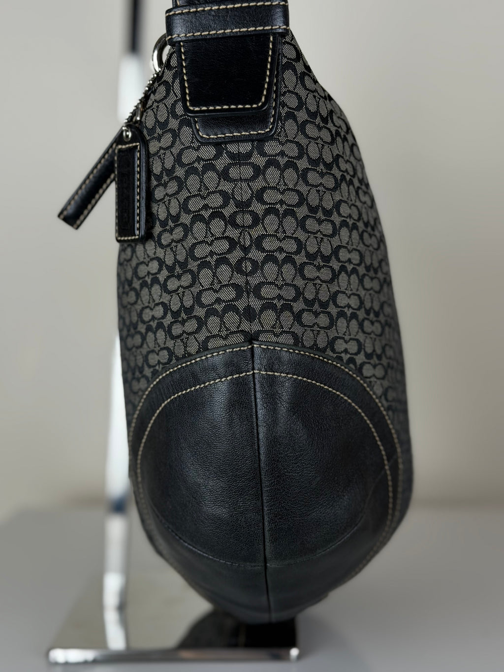 Coach 1461 Black and Grey Signature Monogram Hobo Shoulder Bag Leather Trim