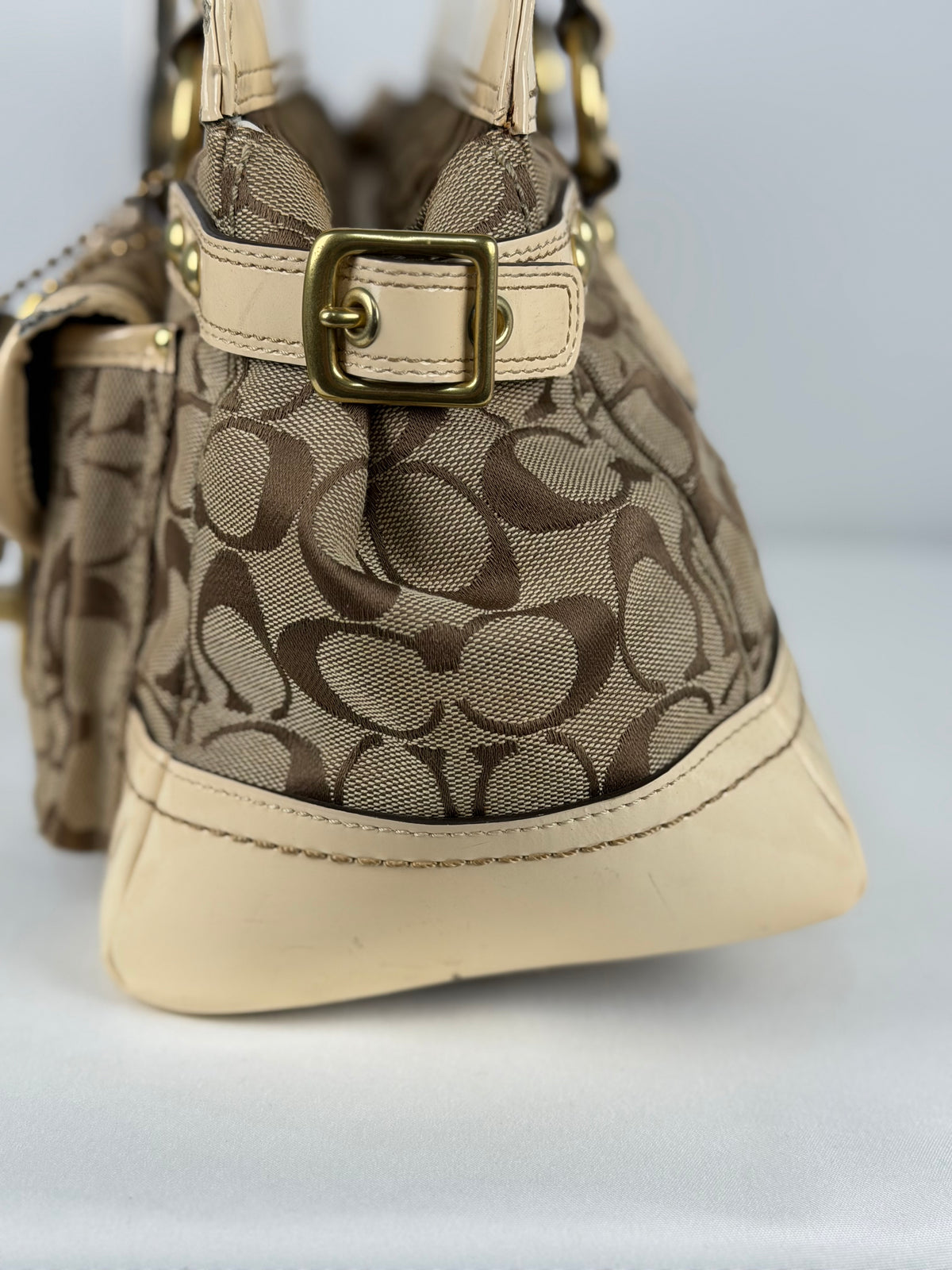 Coach Legacy F13131 Signature Brown Monogram Cream Patent Leather Satchel Shoulder Bag