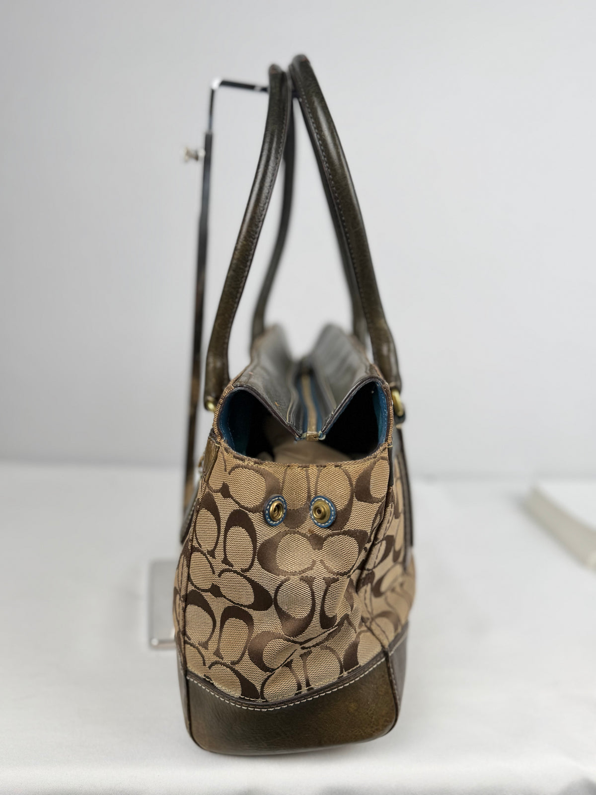 Coach 11063 Hampton Turnlock Signature Brown Shoulder Bag Leather Trim