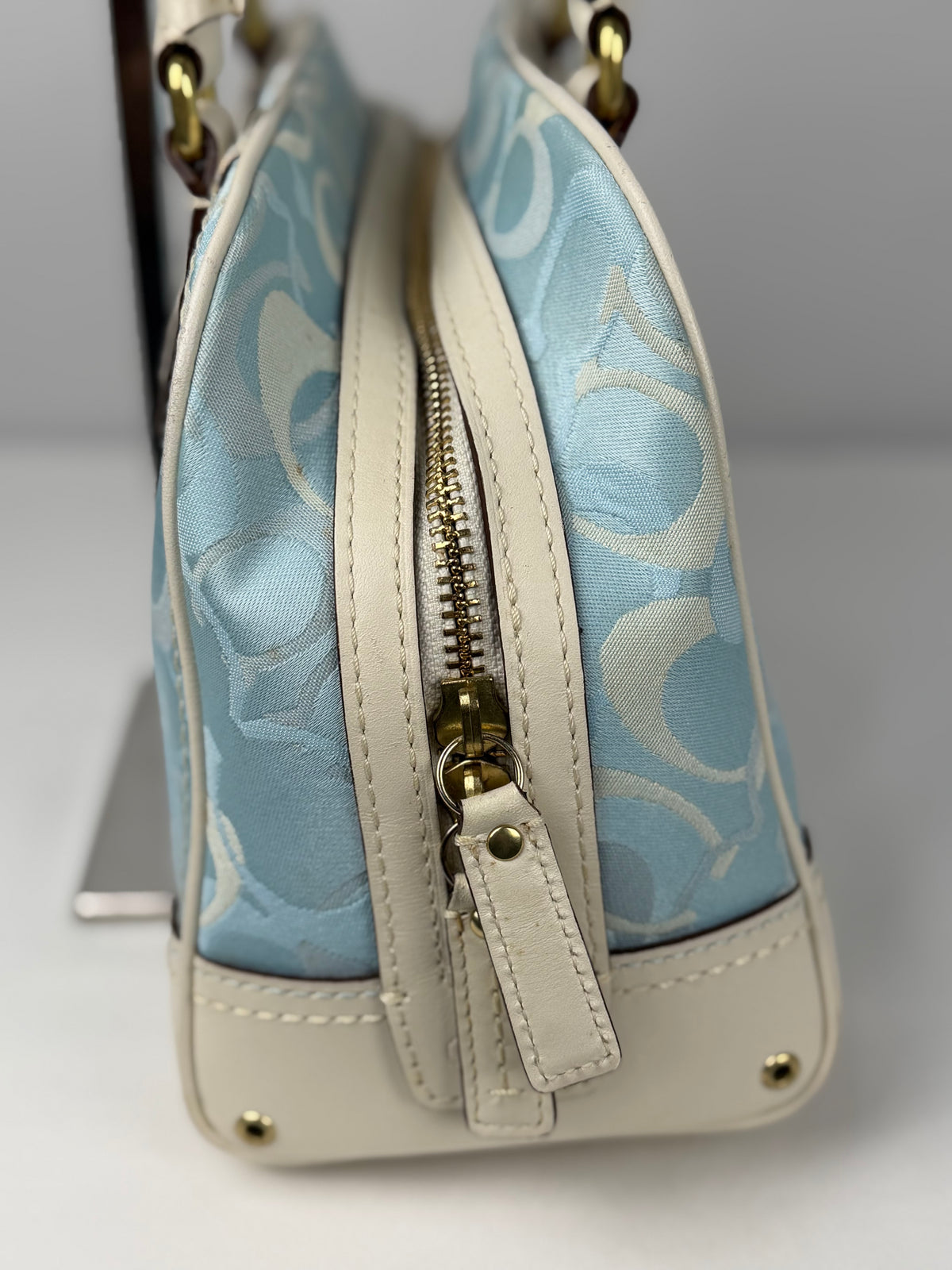 Coach 10777 Blue Optic Art Monogram Shoulder Bag Leather Trim