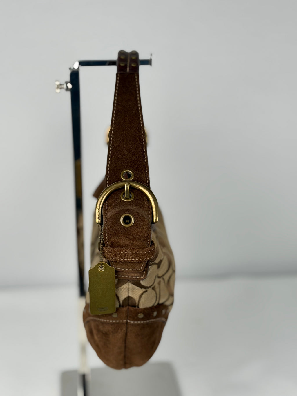 Coach RARE 7057 Hobo Signature Shoulder Bag Gold Embellishments Brown Suede Trim