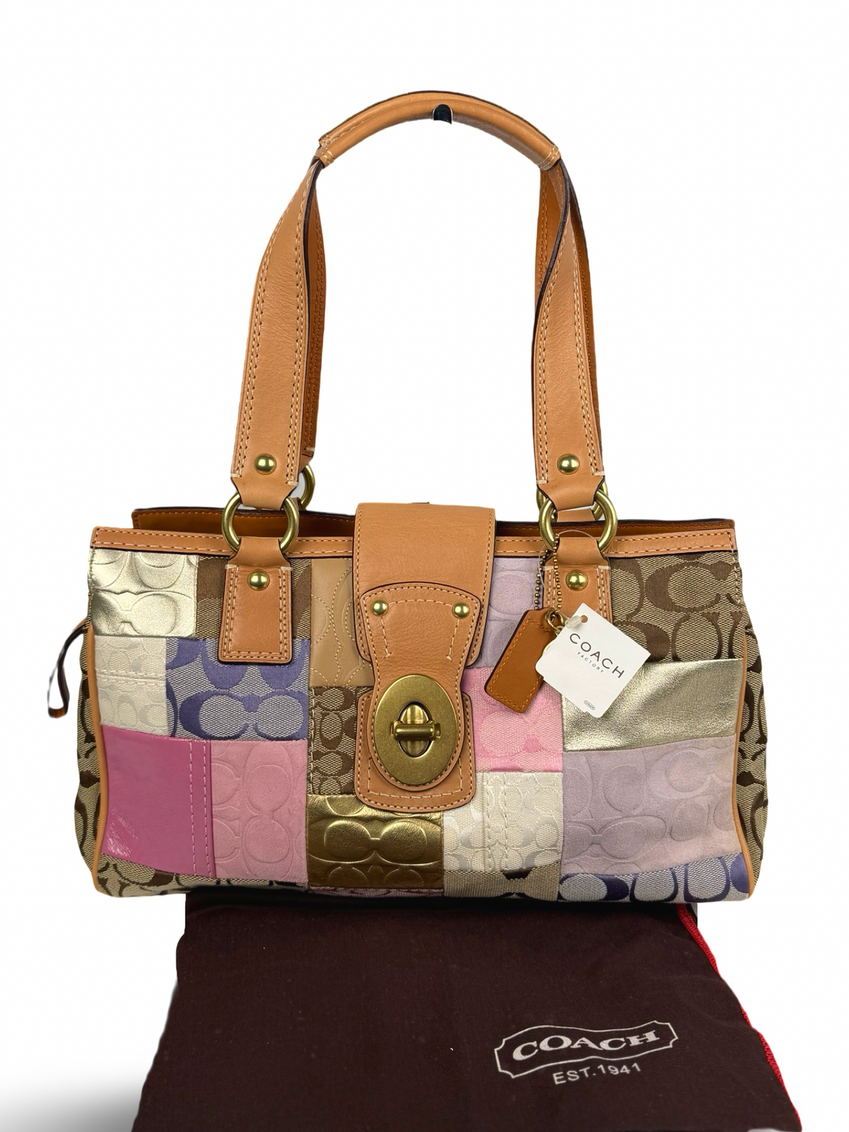 RARE Coach F13335 Patchwork Pink/Purple Turnlock Shoulder Bag Leather Trim NWT