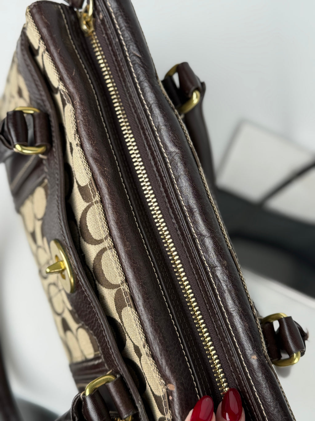Coach 11062 Hampton Turnlock Signature Brown Monogram Shoulder Bag Leather Trim