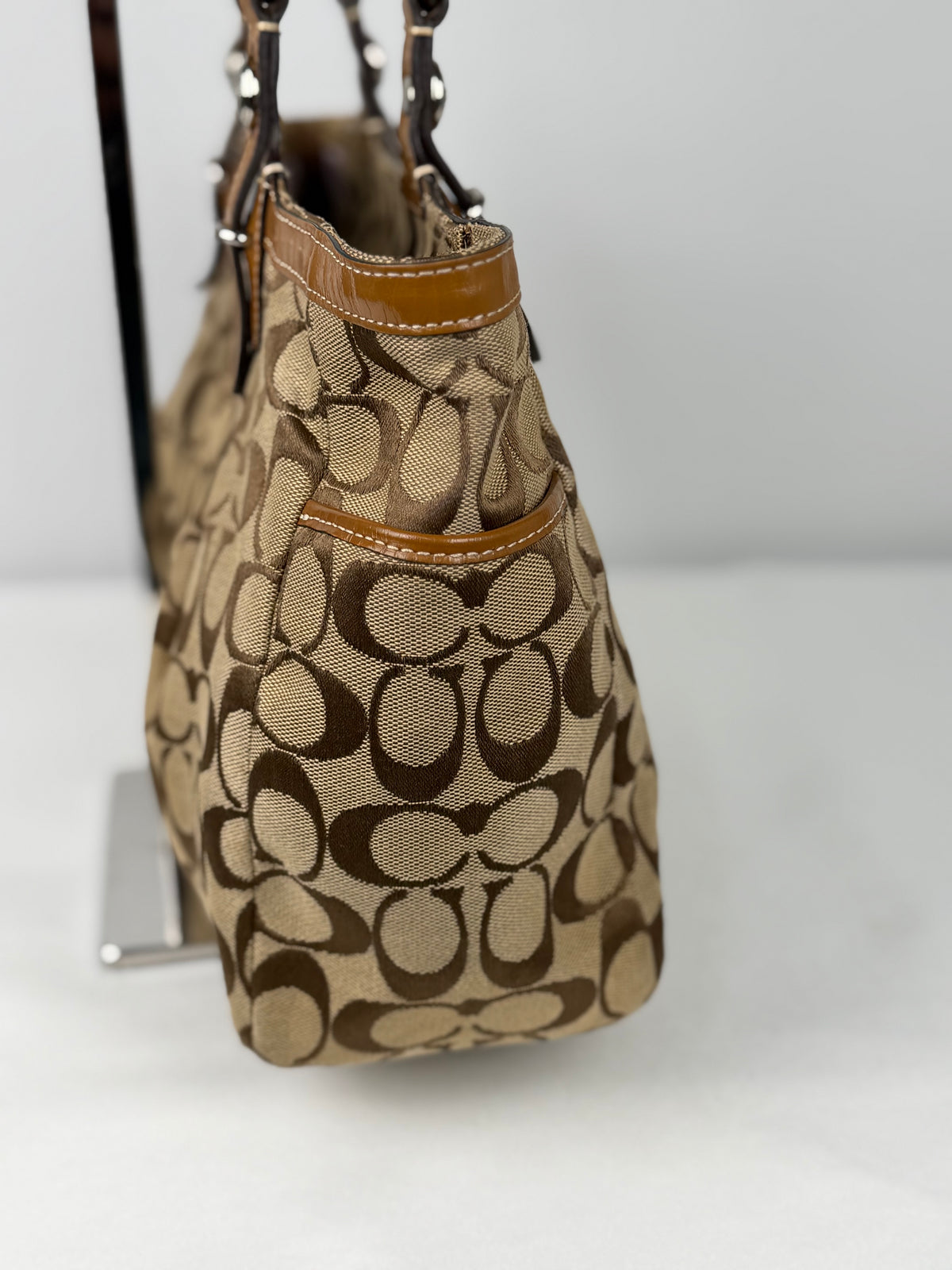 Coach F15146 Signature Brown Monogram Shoulder Tote Bag Leather Trim