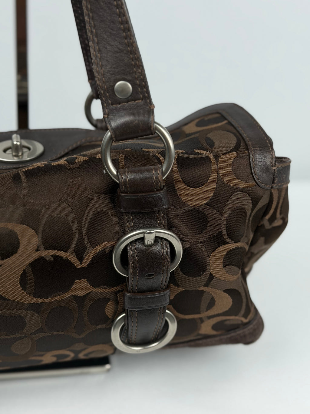 Coach 10145 Chelsea Turnlock Brown Op Art Shoulder Bag Suede Leather Trim