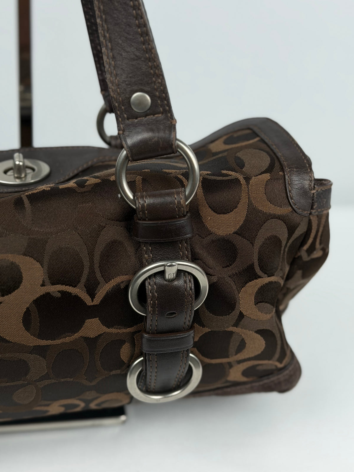 Coach 10145 Chelsea Turnlock Brown Op Art Shoulder Bag Suede Leather Trim