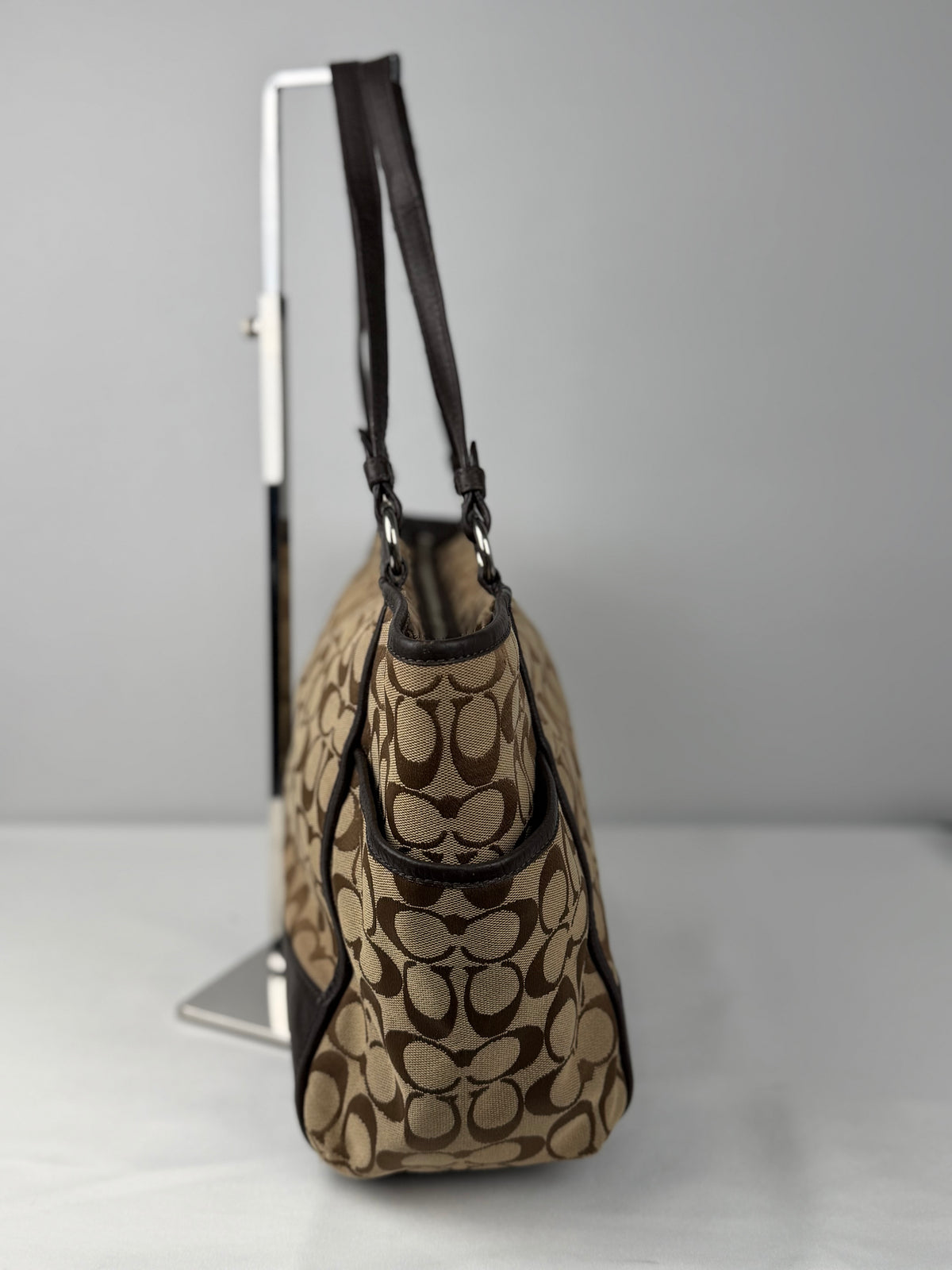 Coach F28728 Signature Brown Monogram Shoulder Bag Leather Trim