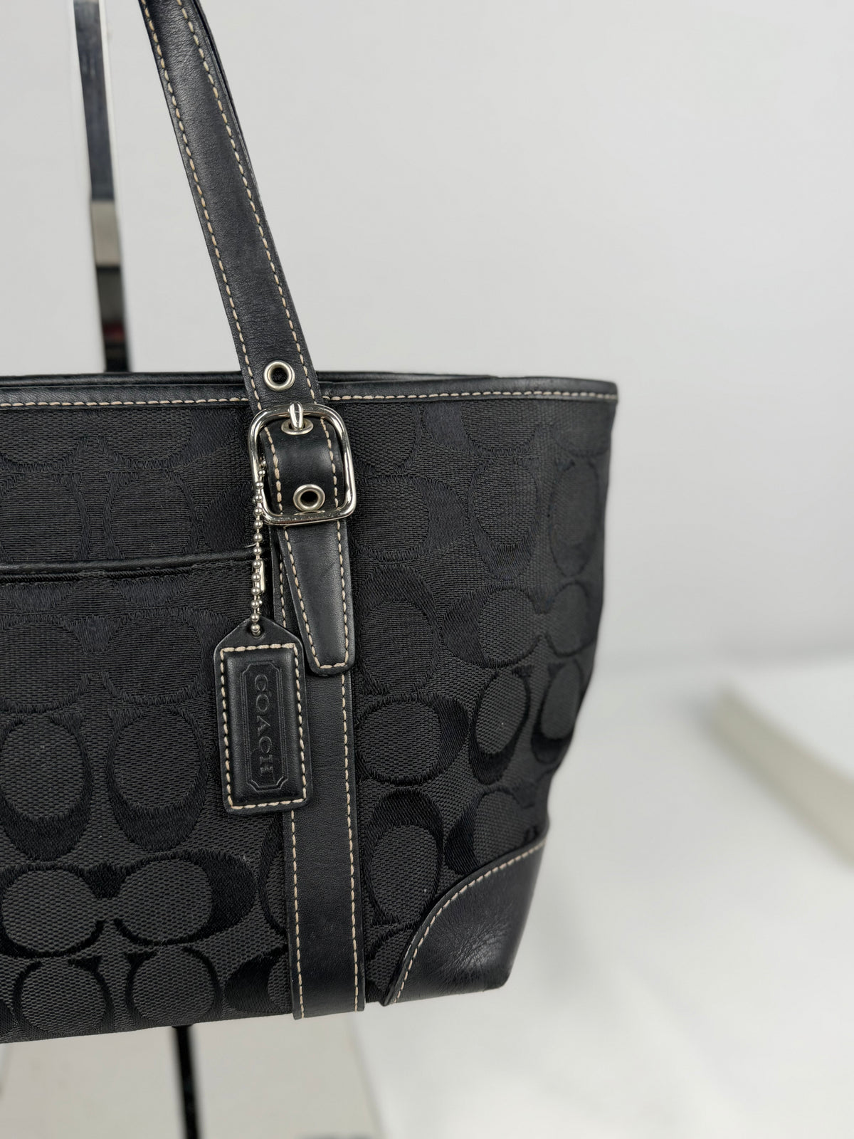 Coach 6043 Signature Small Black Hand Bag Leather Trim