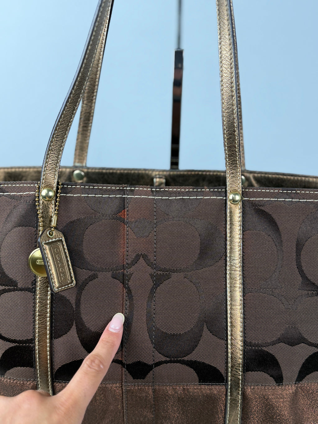 Coach F11099 Signature Chocolate Brown Monogram Shoulder Tote Bag Leather Trim