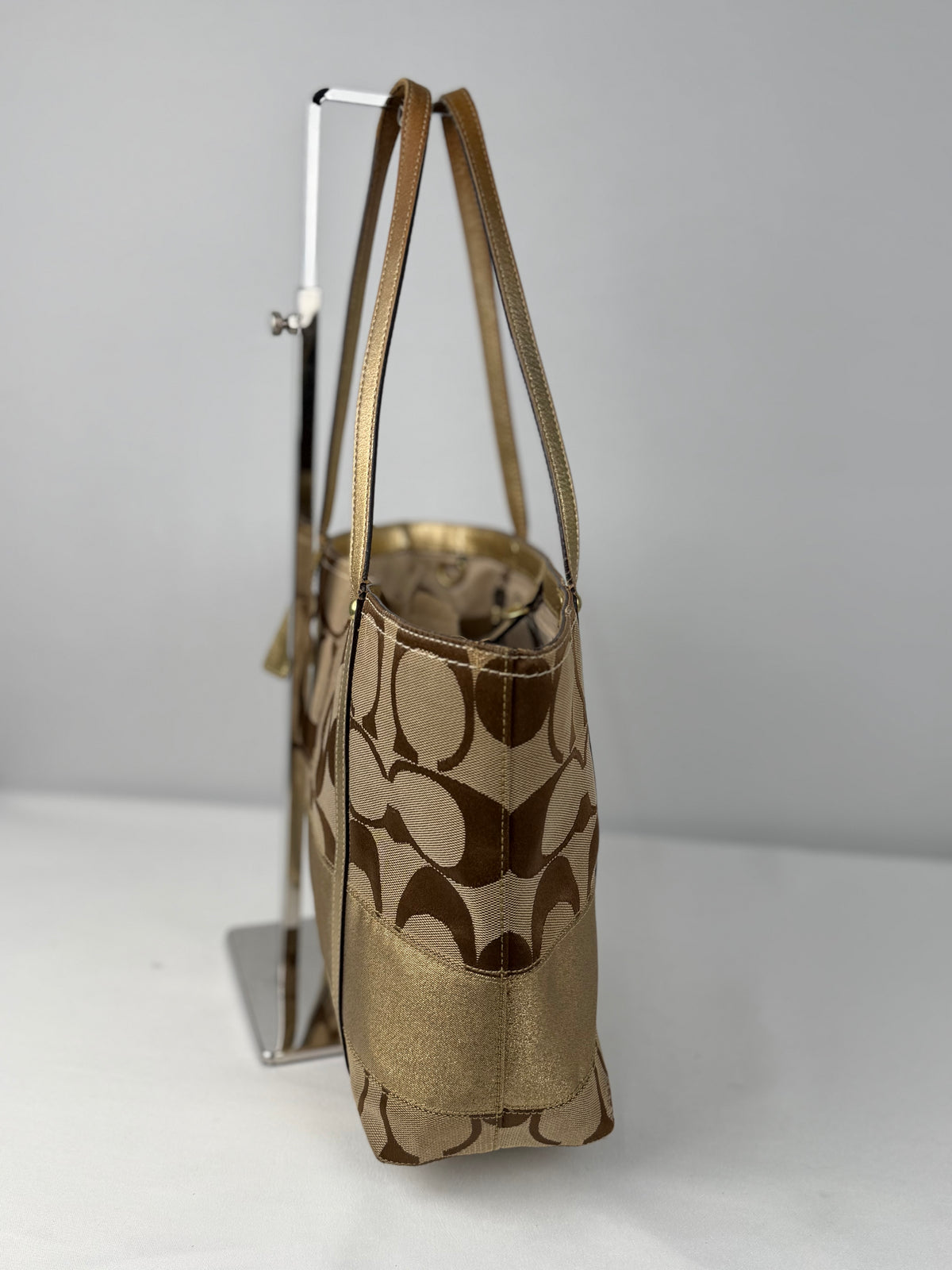 Coach 11098 Signature Brown/Gold Monogram Shoulder Tote Bag Leather Trim