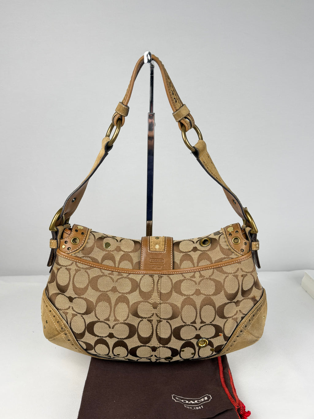 RARE Coach 9451 Soho Signature Brown Shoulder Bag Studded Embellishments Suede Leather Trim