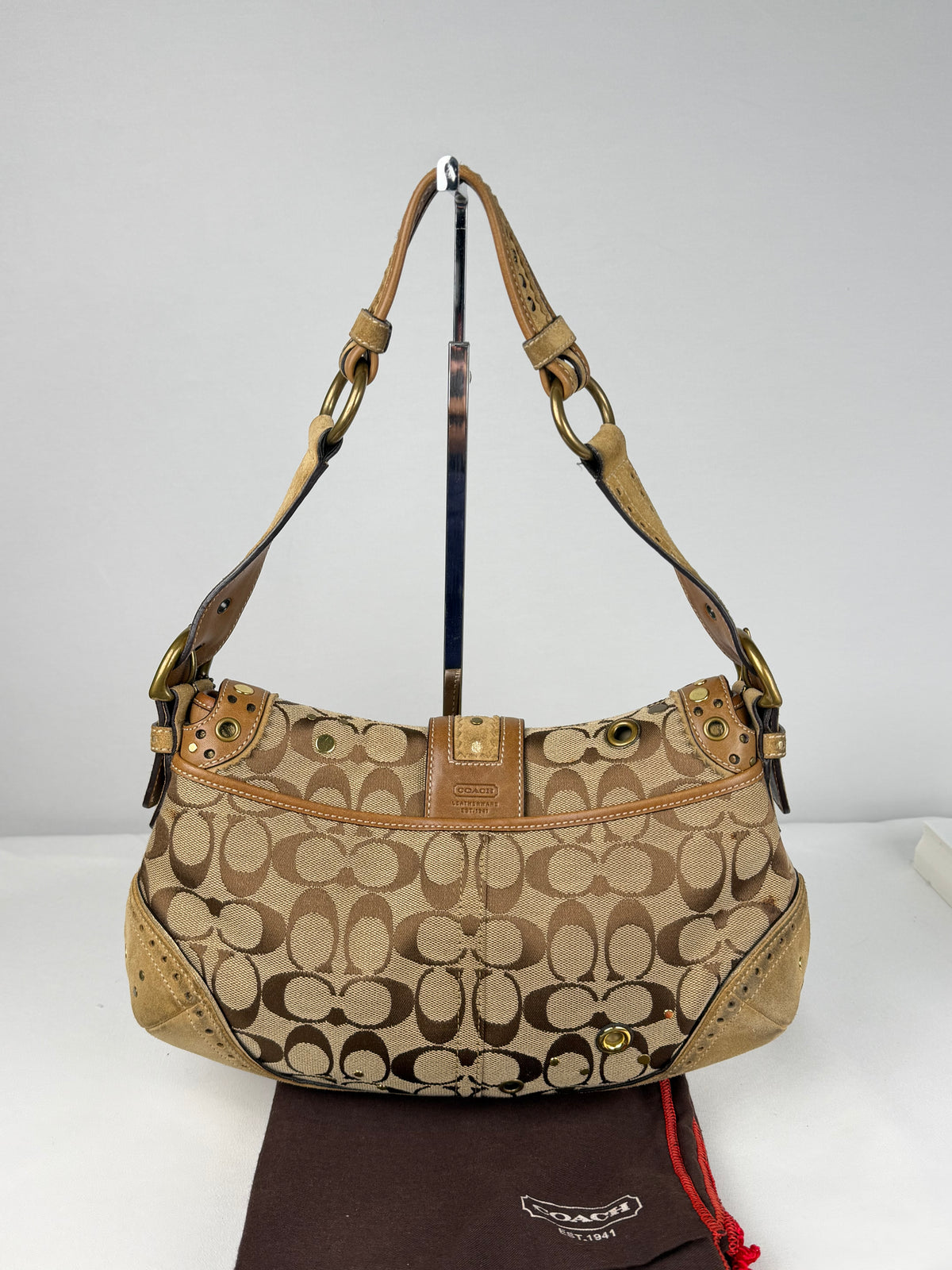 RARE Coach 9451 Soho Signature Brown Shoulder Bag Studded Embellishments Suede Leather Trim