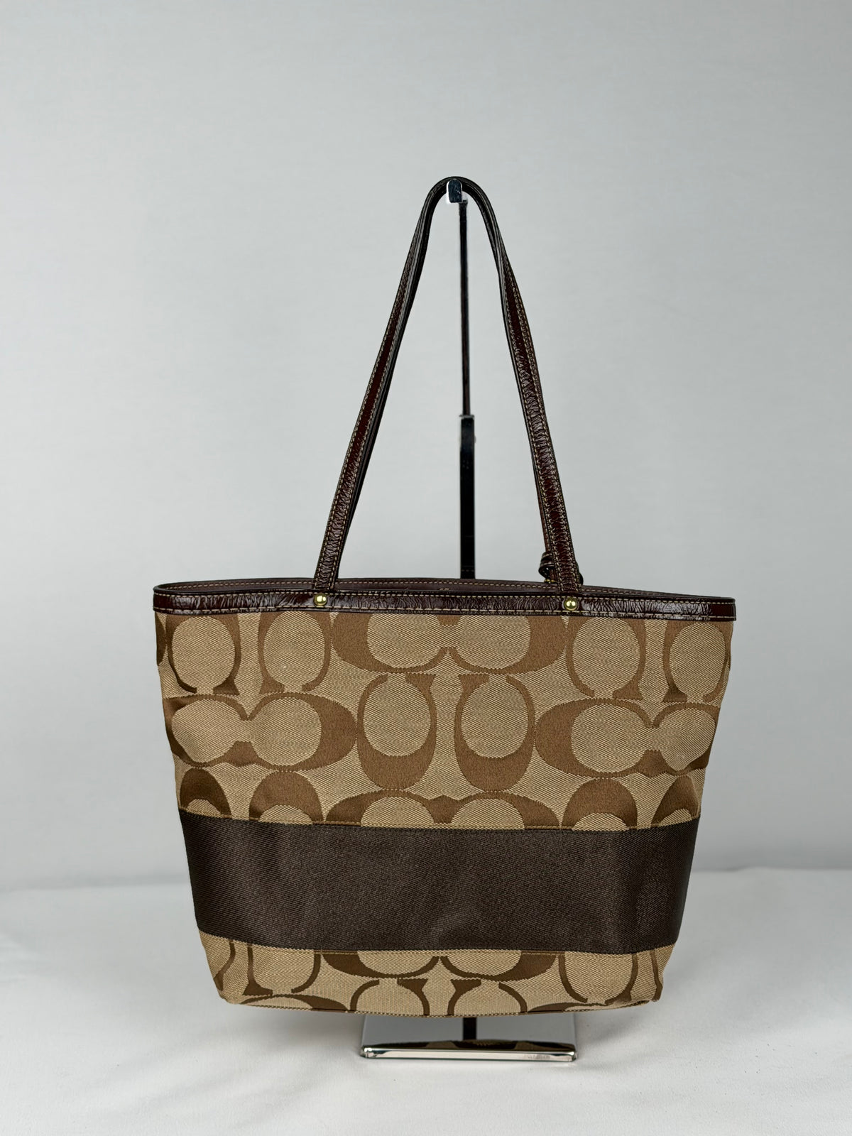 Coach 10124 Signature Brown Monogram Tote Bag Leather Trim