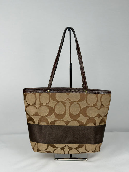 Coach 10124 Signature Brown Monogram Tote Bag Leather Trim