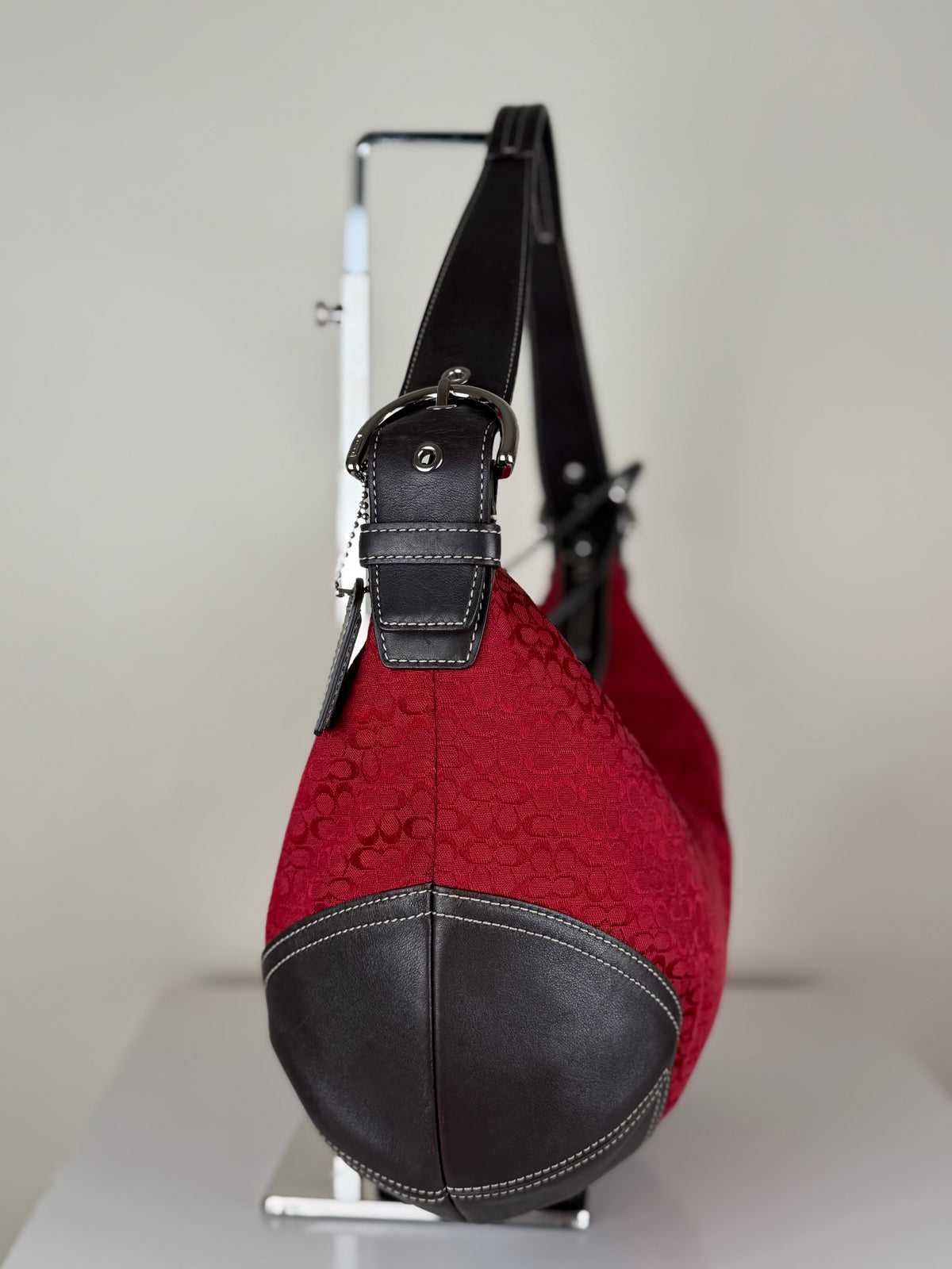 Coach 6385 Rare Hobo Red Signature Monogram Shoulder Bag with matching wristlet Brown Leather Trim
