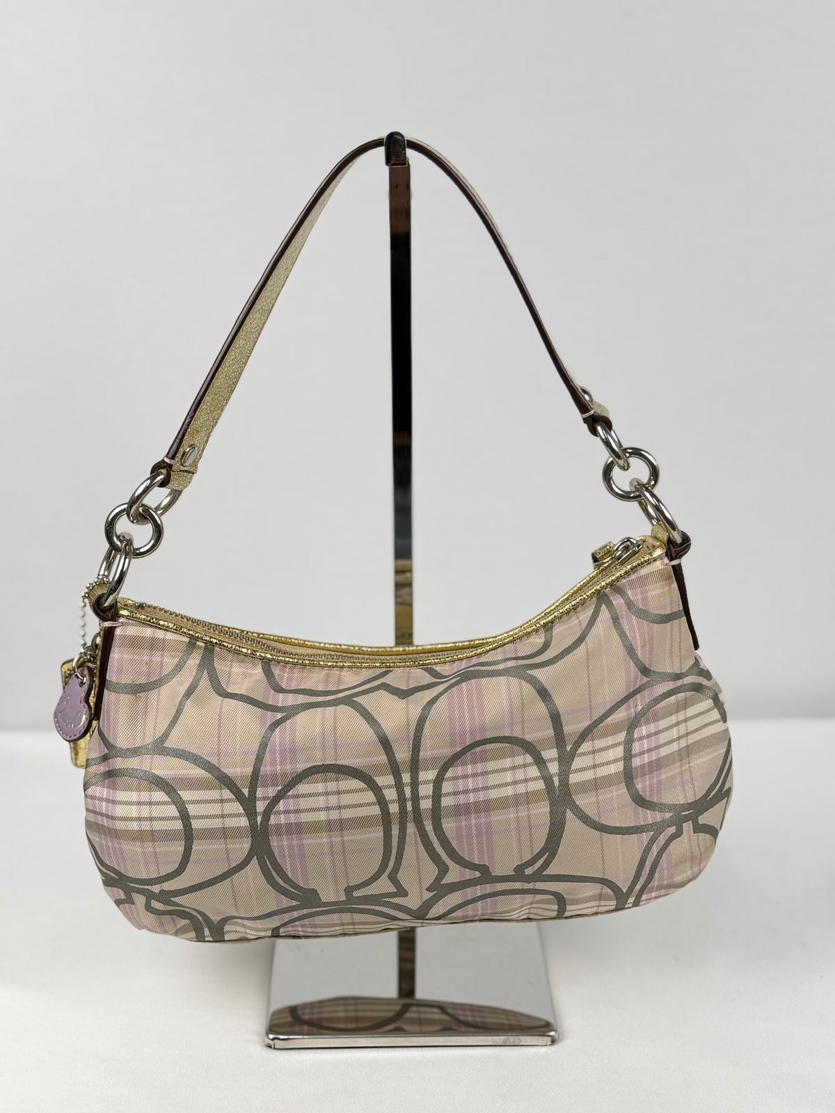 Coach F17210 Signature Purple/Beige Check Pattern Shoulder Bag Gold Leather Trim