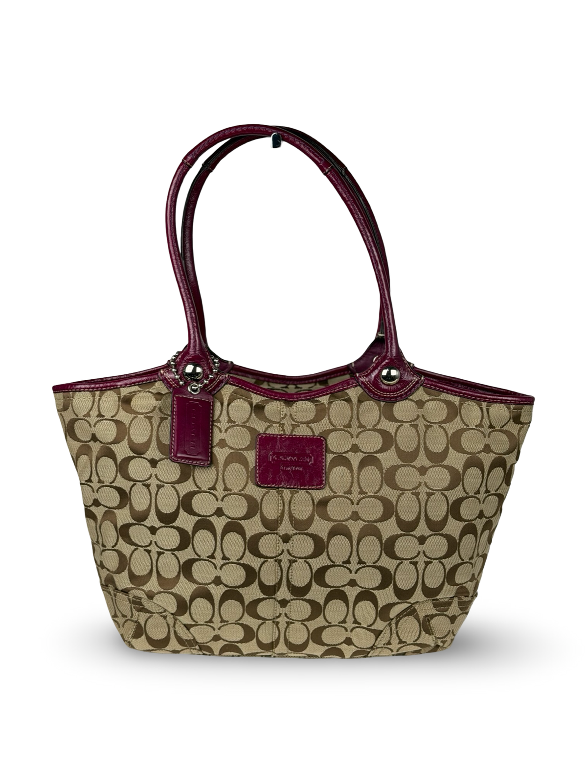Coach F14385 Bleecker Signature Brown Shoulder Bag Purple Leather Trim