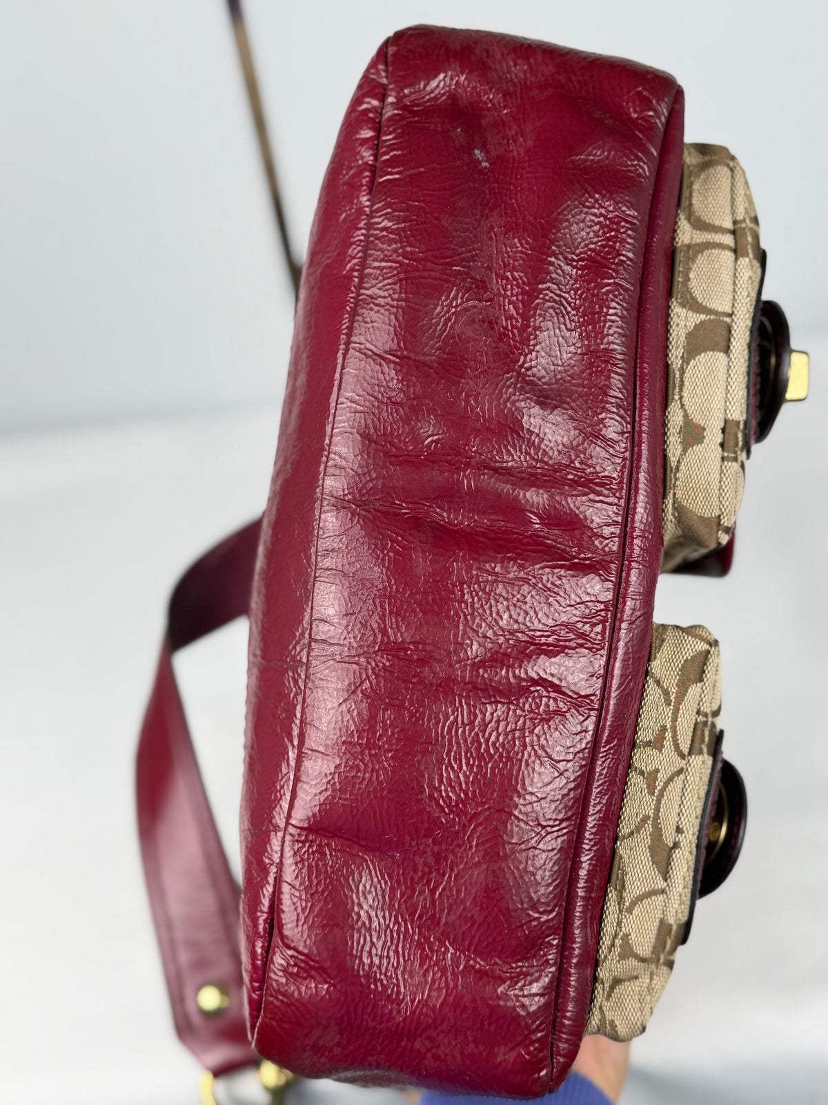 Rare Coach F12869 Legacy Double Pocket Turnlock Shoulder Bag Burgundy Patent Leather Trim