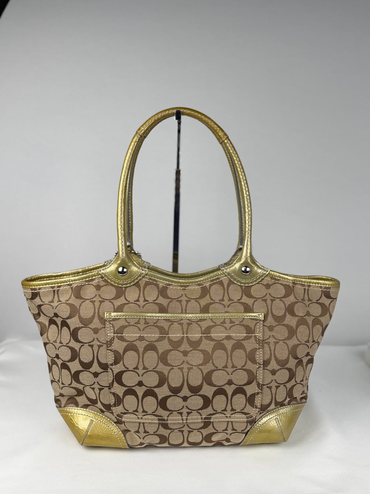 Coach F12564 Bleecker Signature Brown Monogram Shoulder Bag Gold Leather Trim