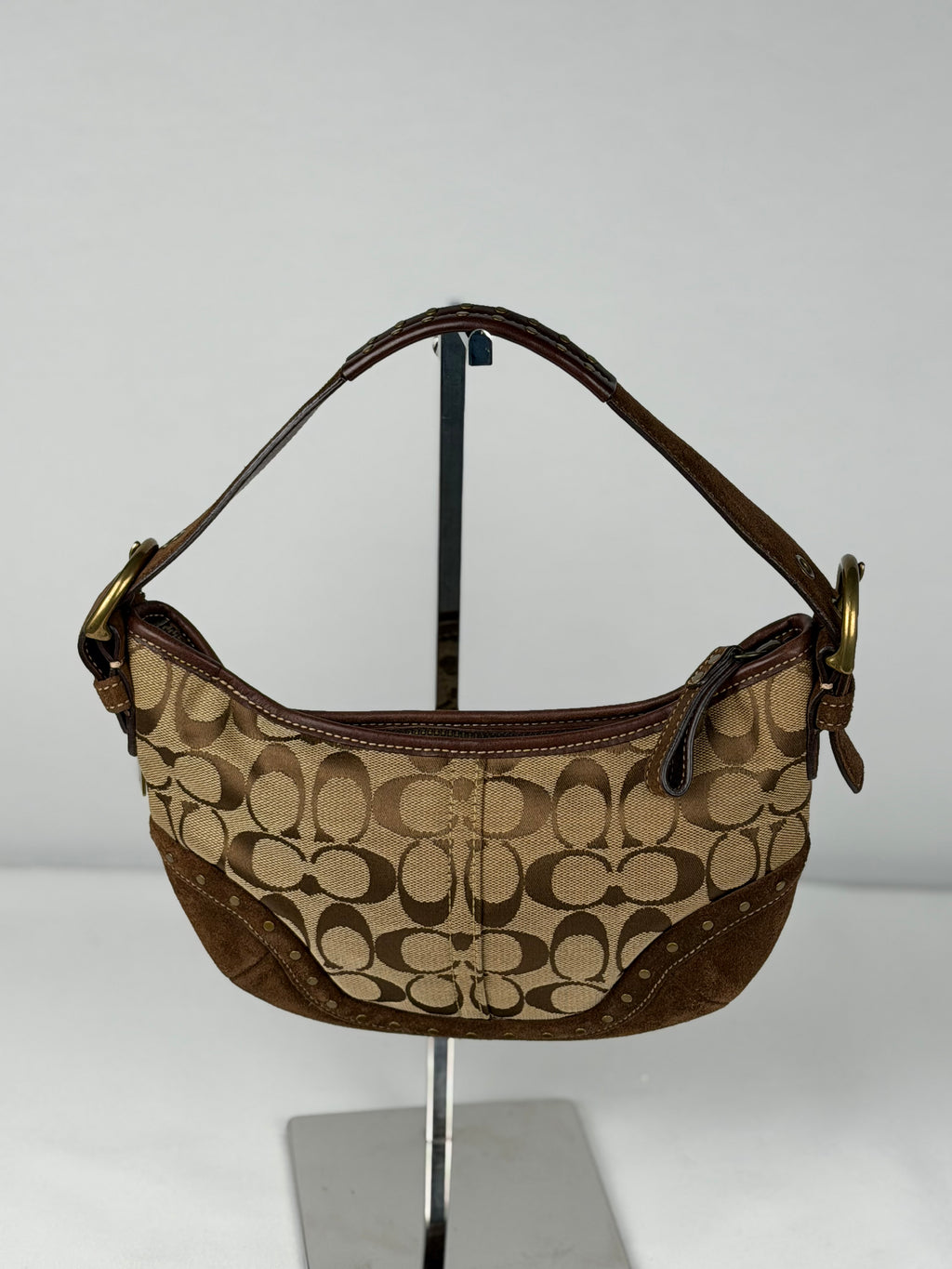Coach RARE 7057 Hobo Signature Shoulder Bag Gold Embellishments Brown Suede Trim