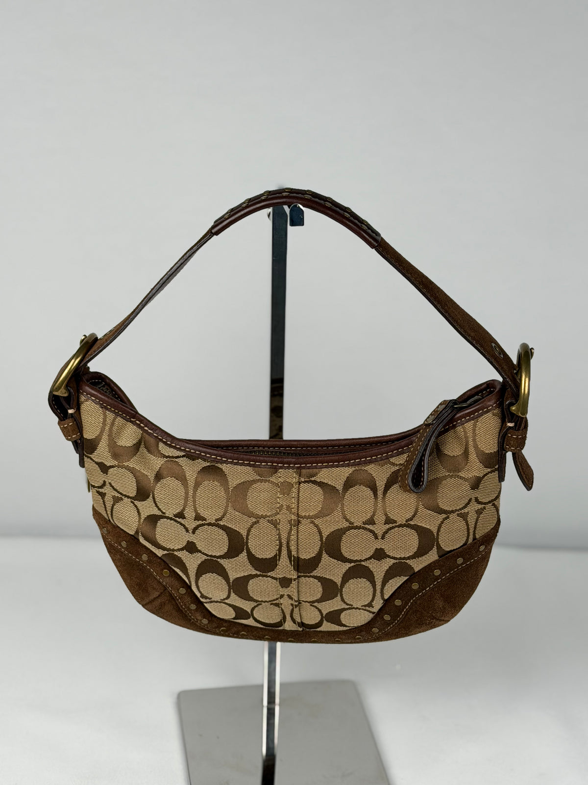 Coach RARE 7057 Hobo Signature Shoulder Bag Gold Embellishments Brown Suede Trim