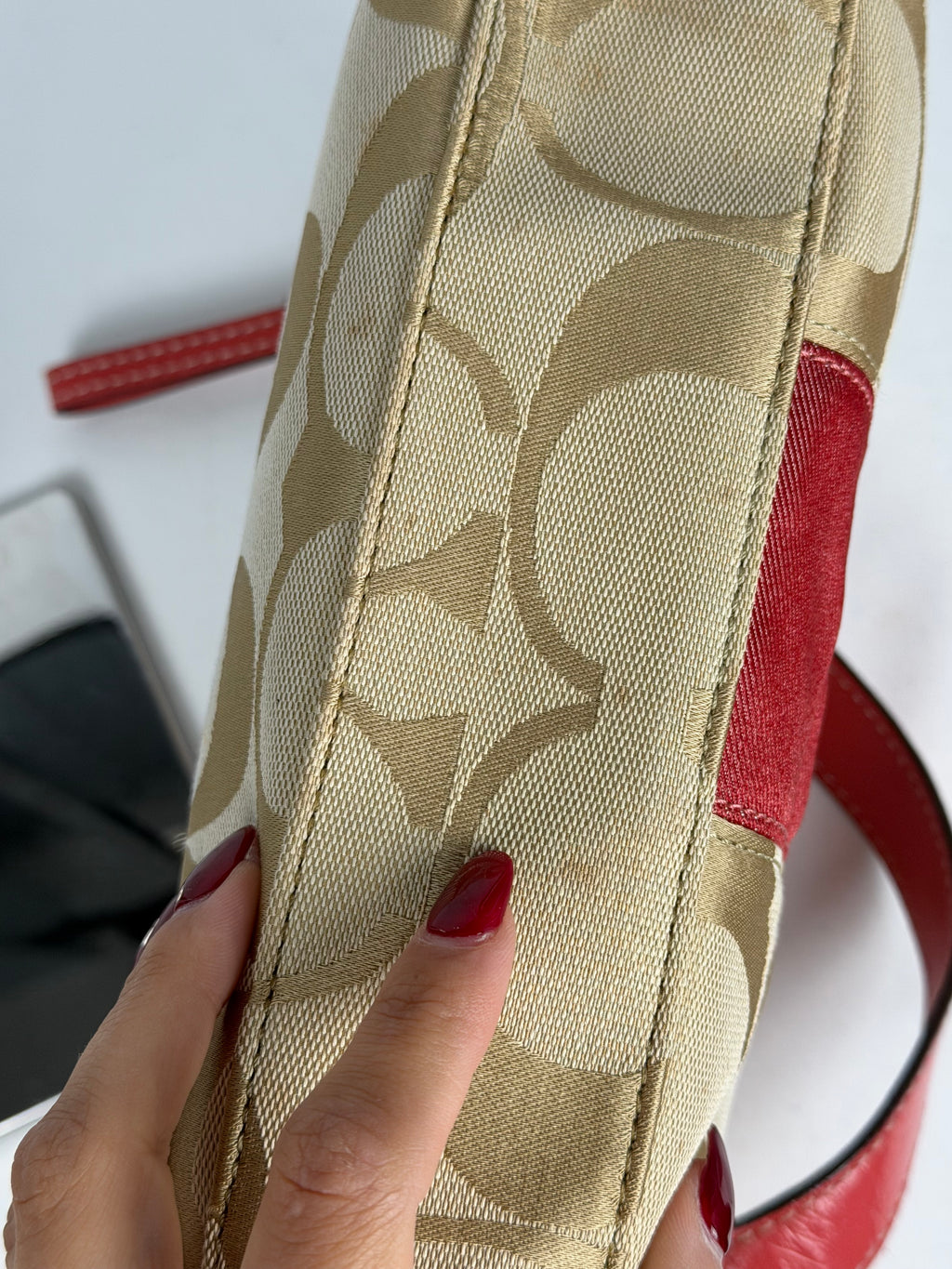 Coach F15111 Signature Beige Monogram Shoulder Bag Red Leather Trim