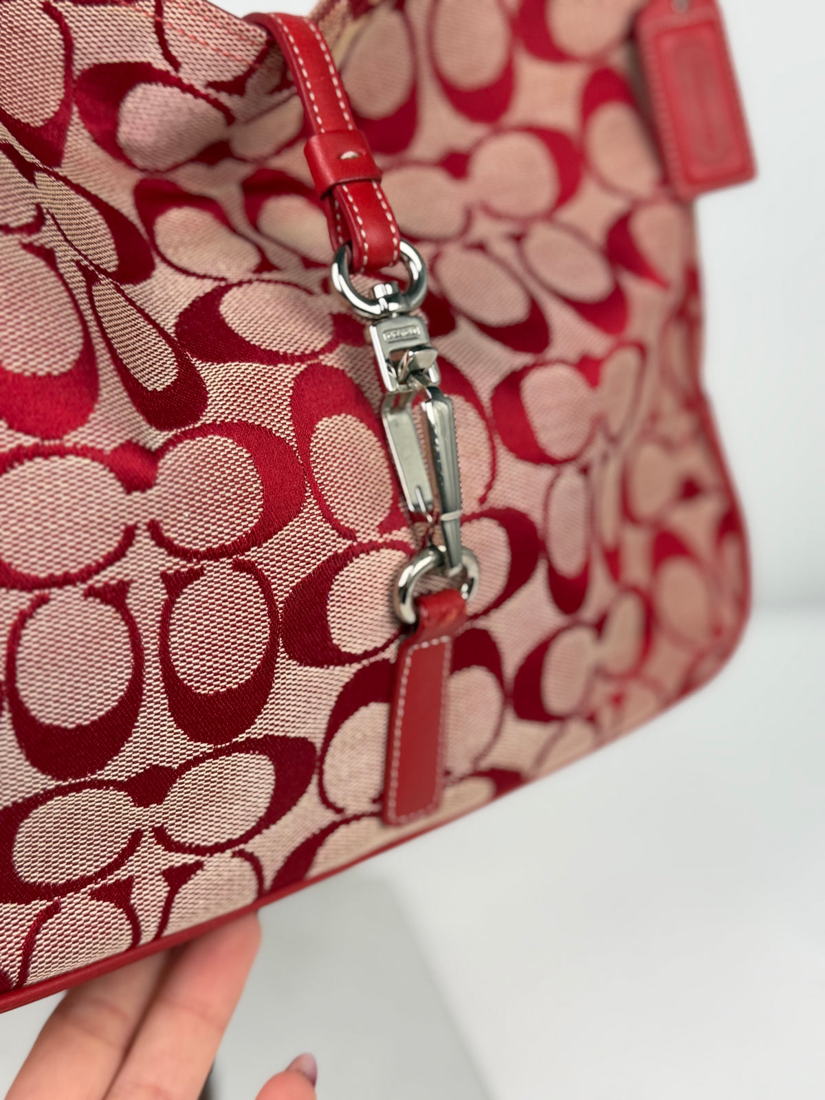 Coach 6091 Hampton Clip Red Signature Monogram Shoulder Bag Leather Trim