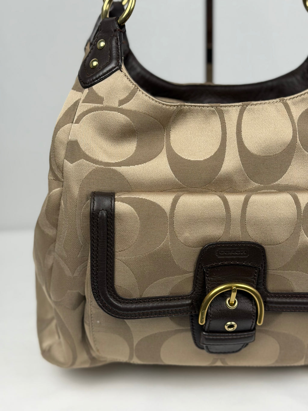 Coach F24742 Soho Beige Monogram Shoulder Bag Brown Leather Trim