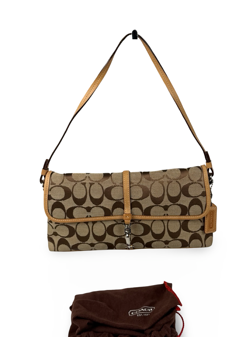 Coach 6348 Demi Clip Signature Brown Monogram Shoulder Bag Tan Leather Trim