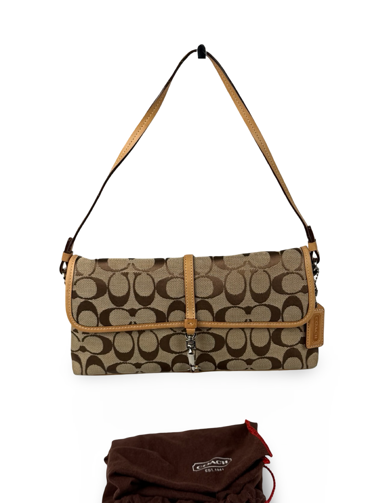 Coach 6348 Demi Clip Signature Brown Monogram Shoulder Bag Tan Leather Trim