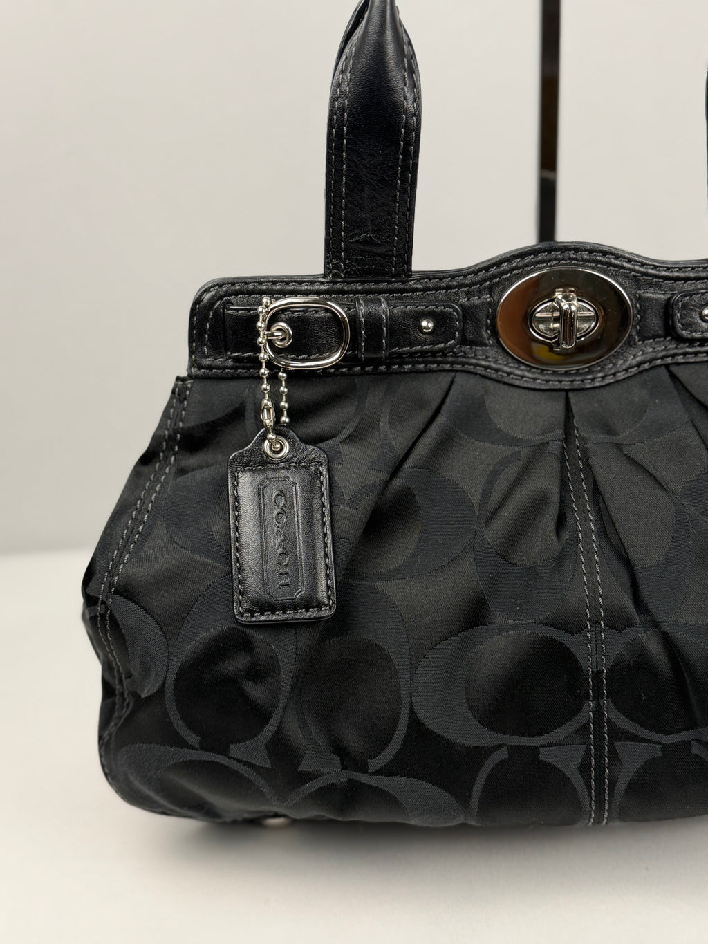 Coach F13906 Signature Black Monogram Satchel Turnlock Shoulder Bag Leather Trim