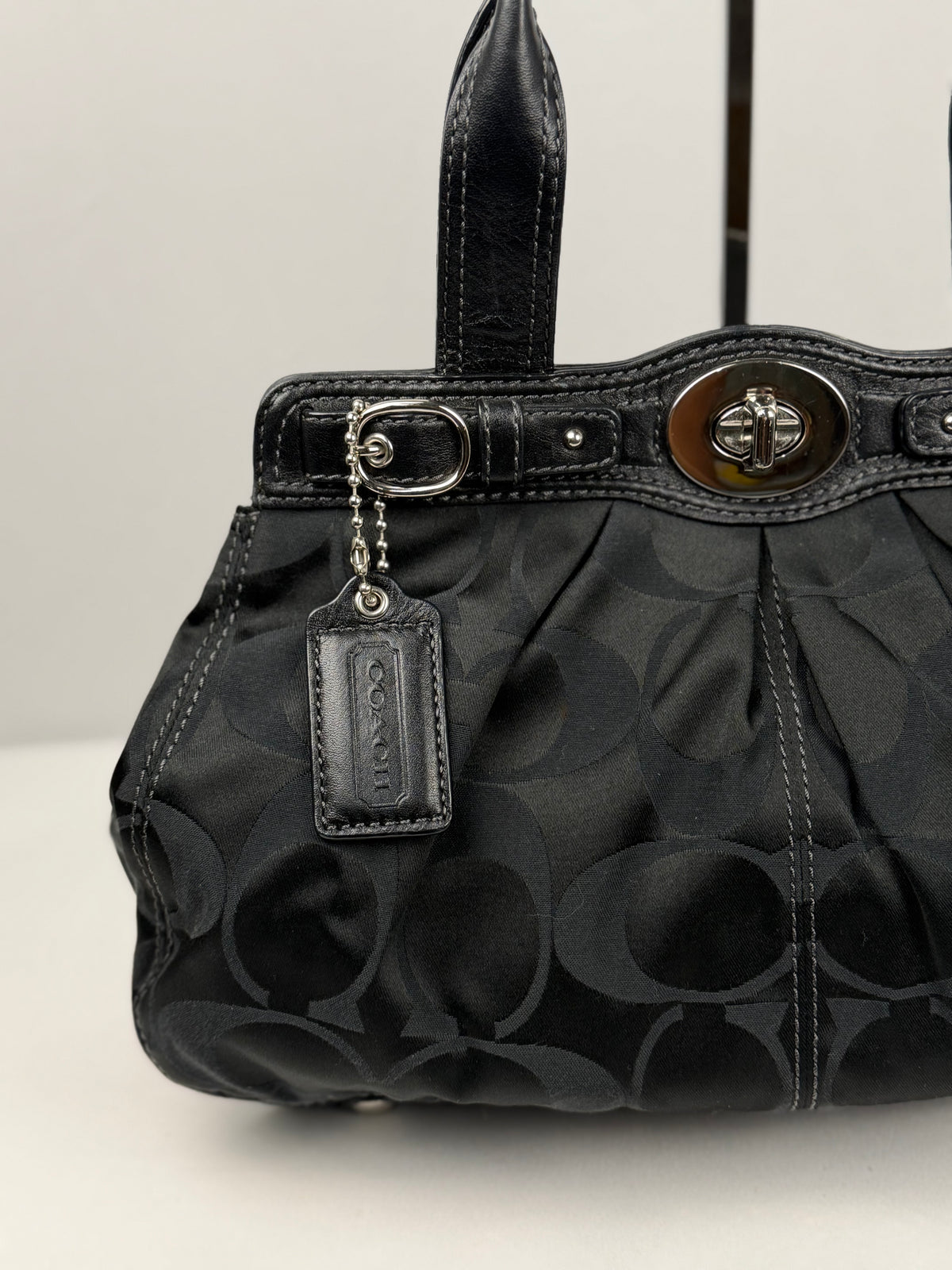 Coach F13906 Signature Black Monogram Satchel Turnlock Shoulder Bag Leather Trim