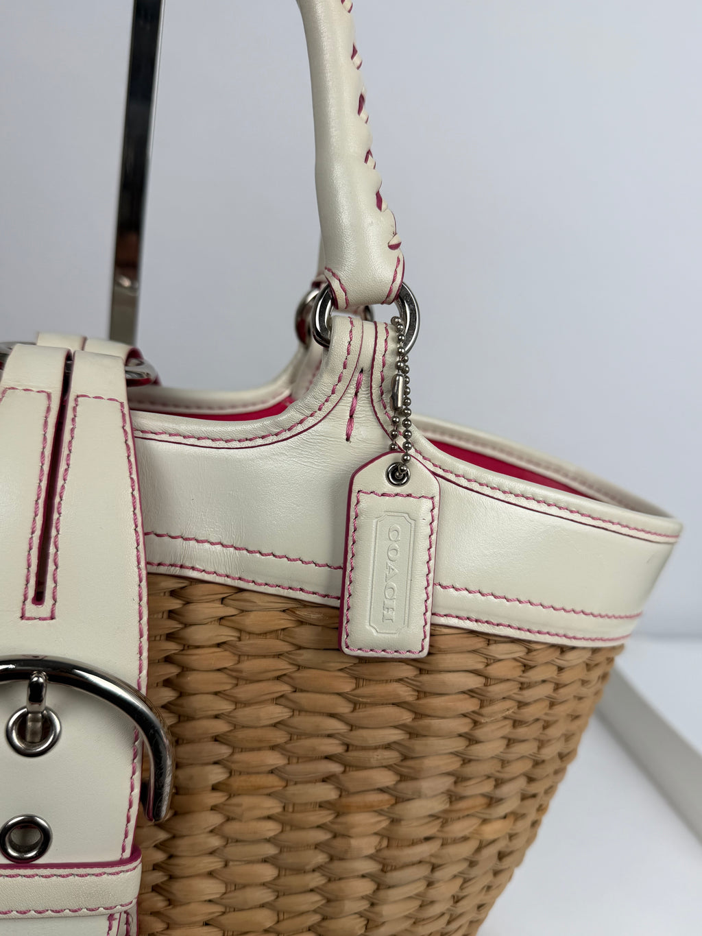 Coach 6271 Large Woven Straw Basket Bag White Leather Trim