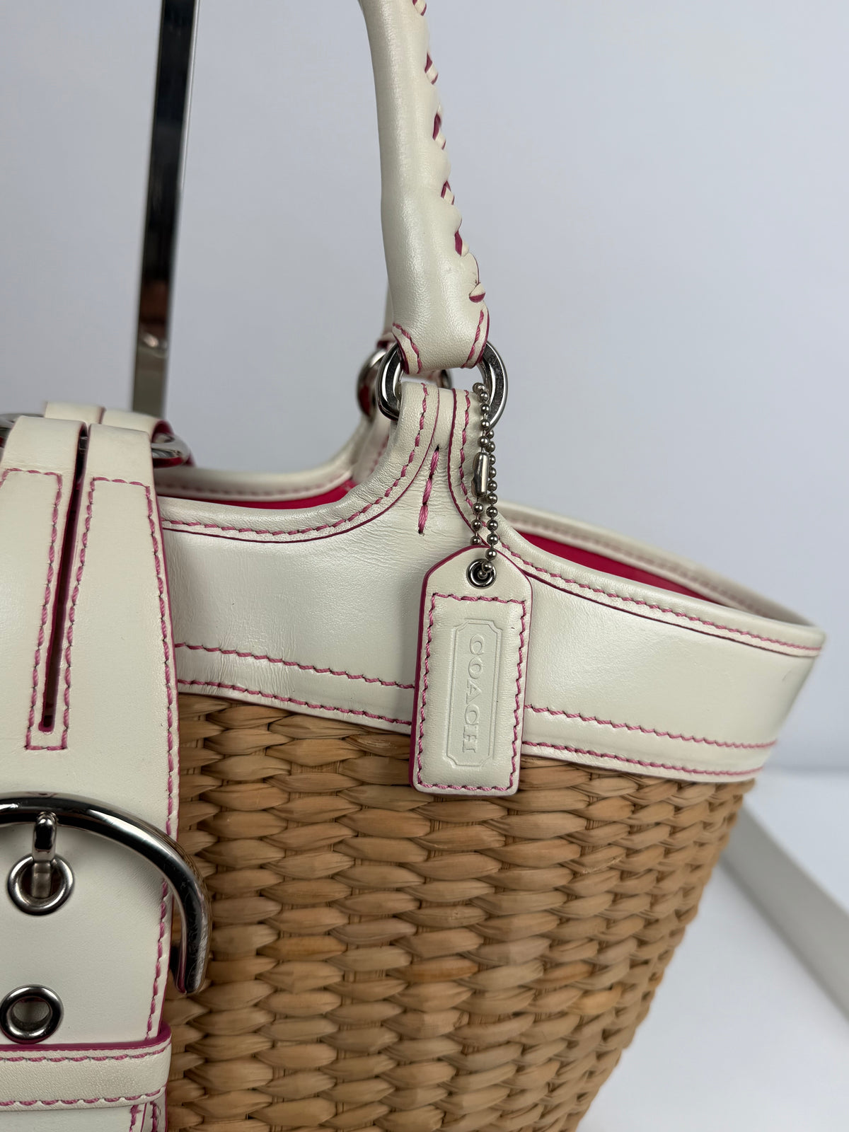 Coach 6271 Large Woven Straw Basket Bag White Leather Trim