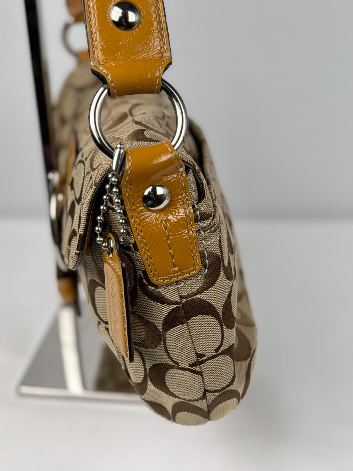 Coach F15668 Soho Signature Brown Monogram Shoulder Bag Leather Trim