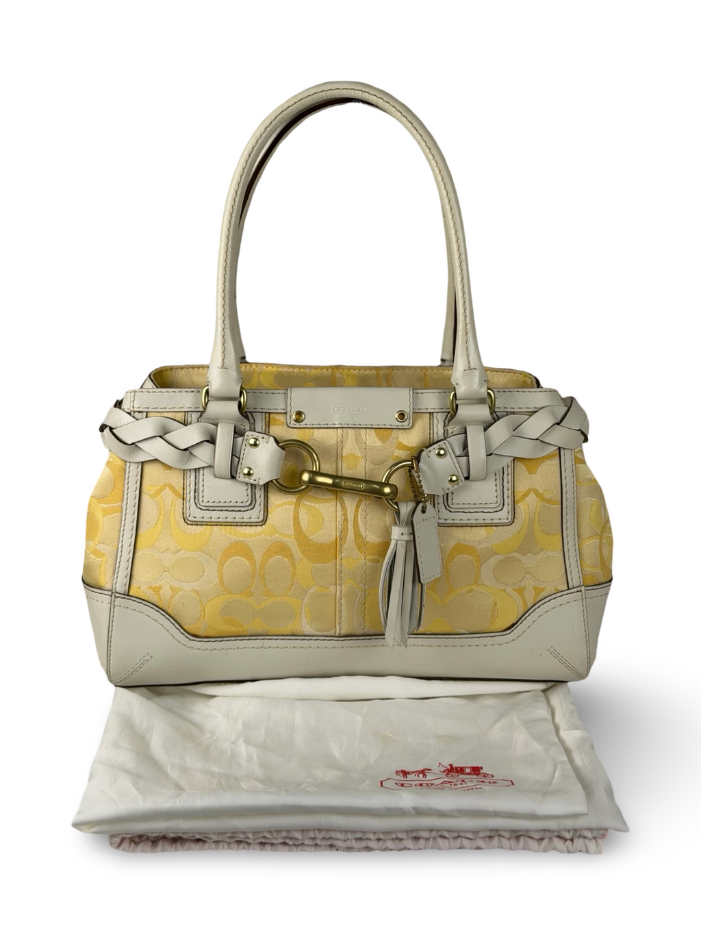 Coach 10785 Hampton Clip Op Art Yellow Monogram White Leather Trim Shoulder Bag