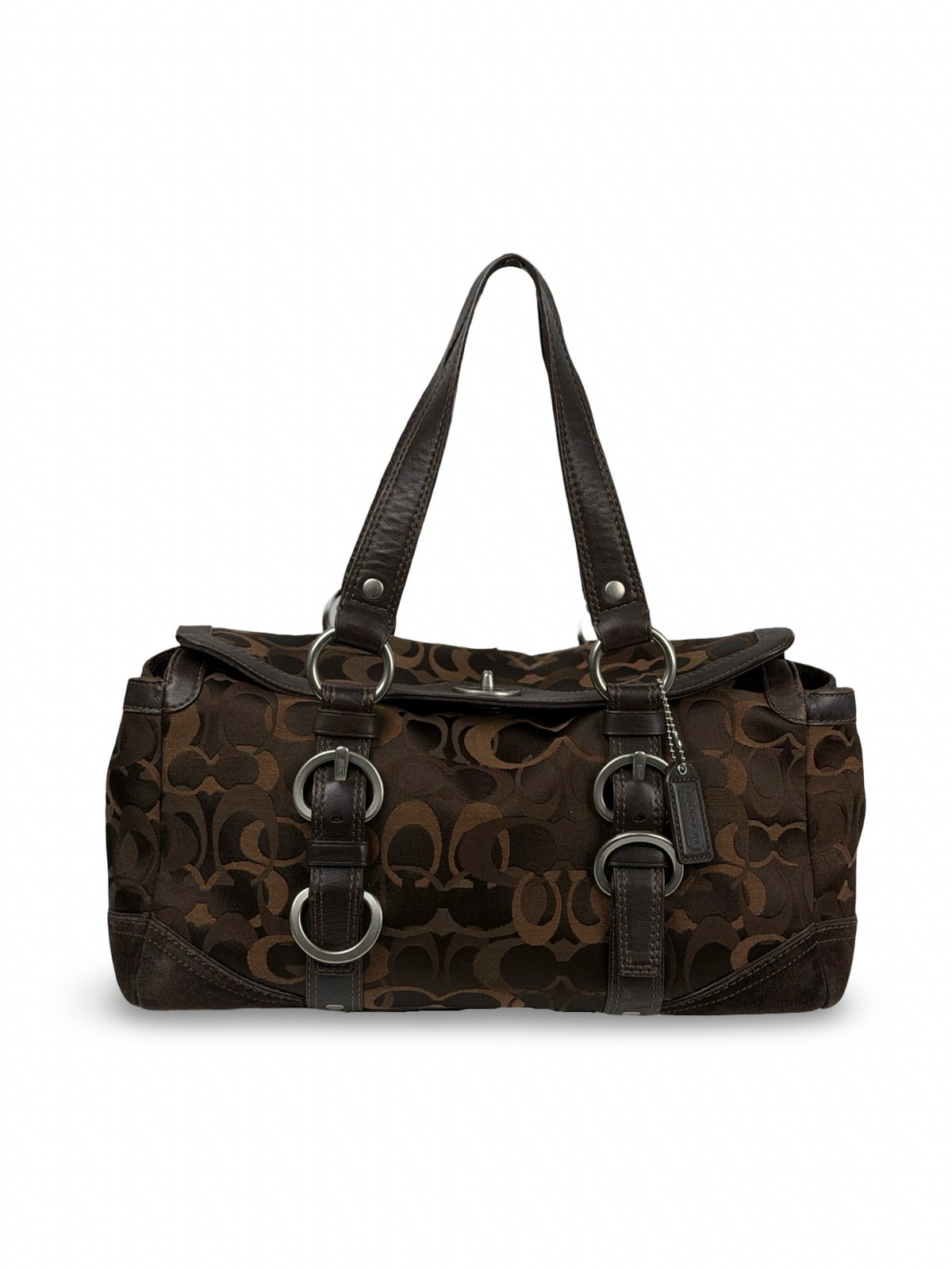 Coach 10145 Chelsea Turnlock Brown Op Art Shoulder Bag Suede Leather Trim