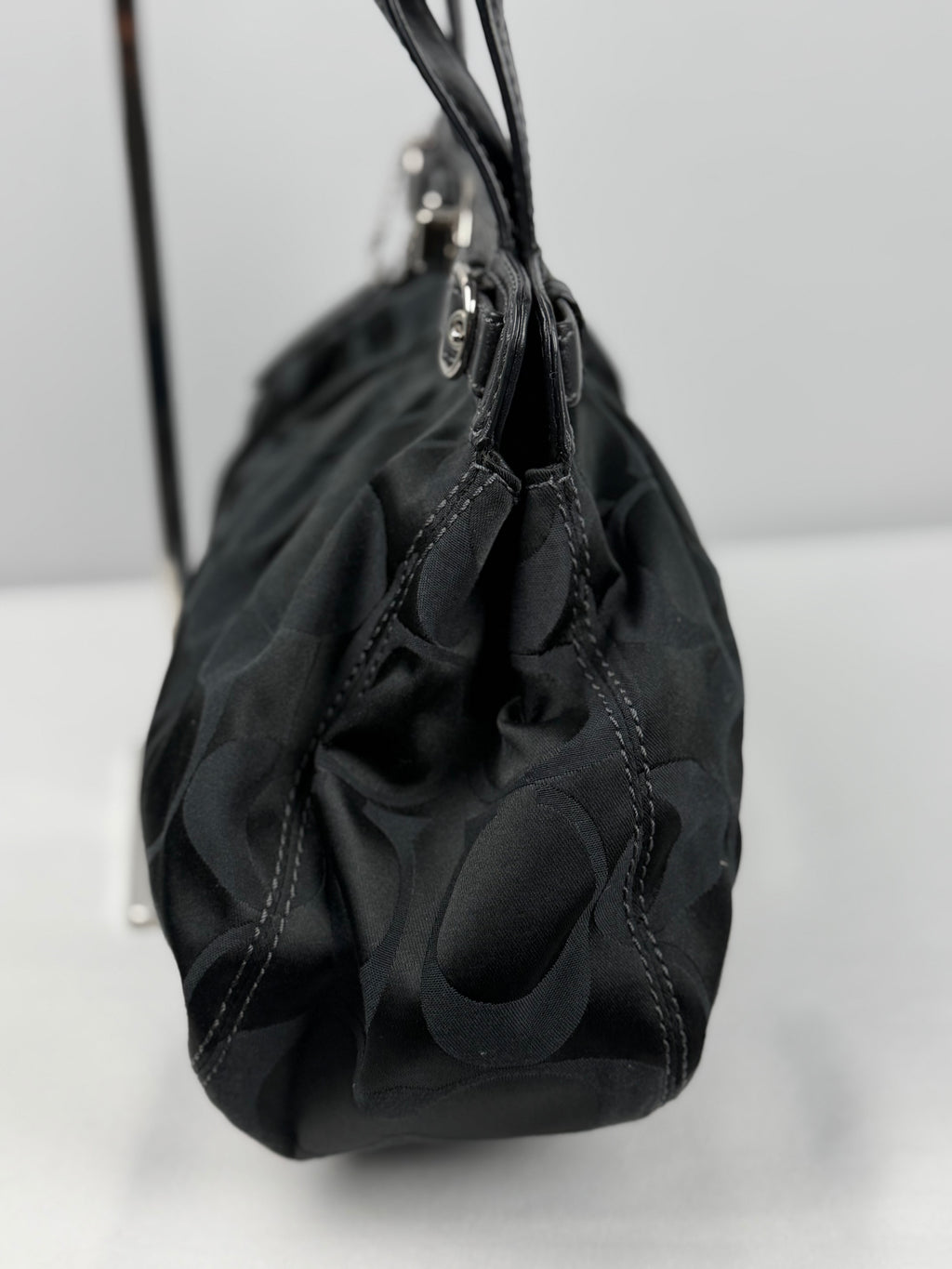 Coach F13906 Signature Black Monogram Satchel Turnlock Shoulder Bag Leather Trim