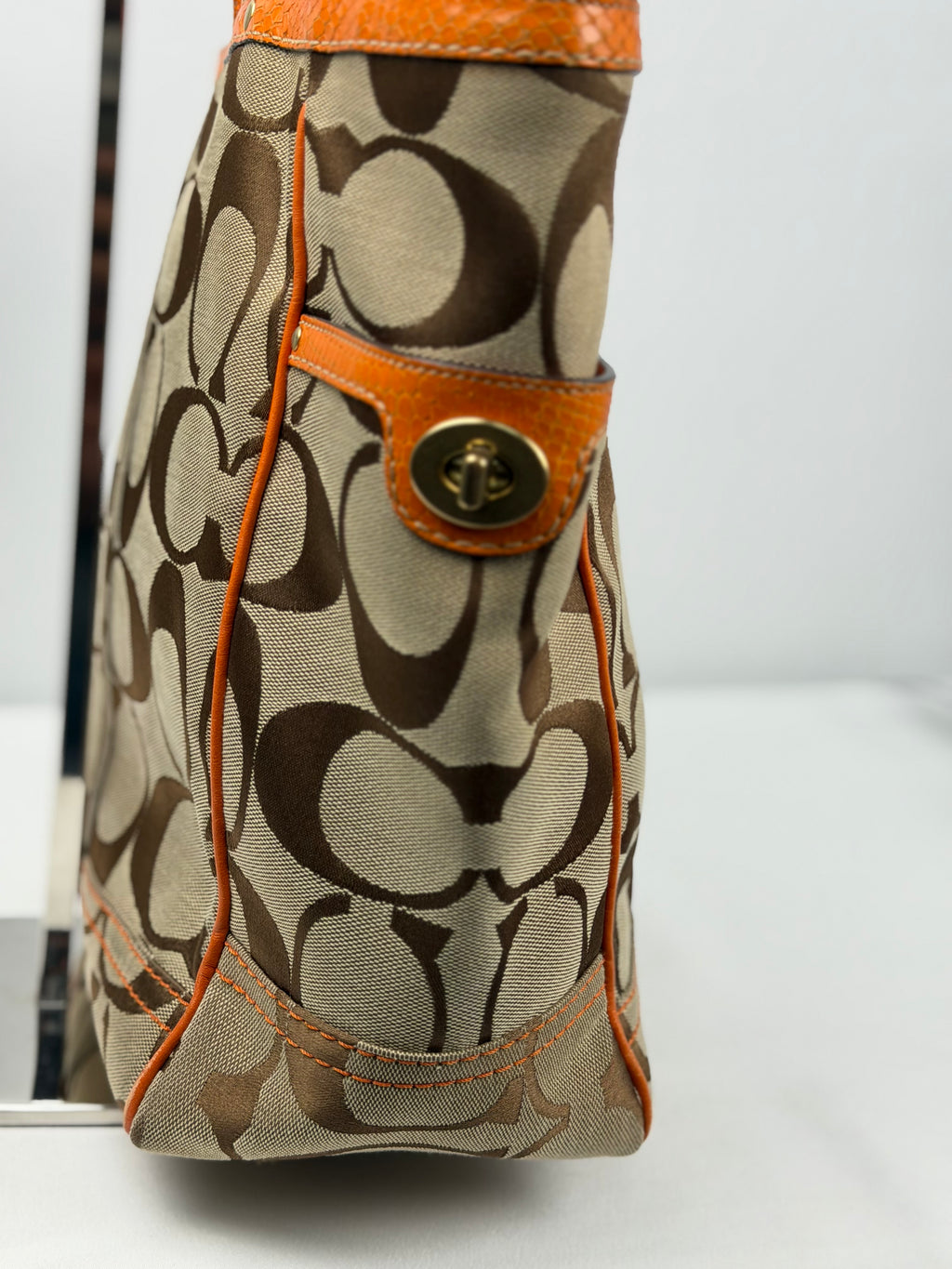 Coach 8626 Signature Brown Monogram Tote Shoulder Bag Orange Leather Trim