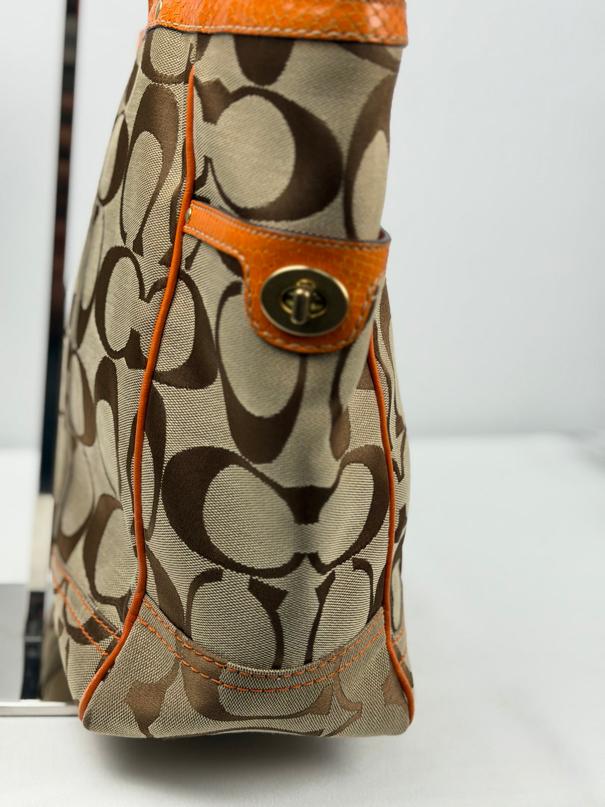 Coach 8626 Signature Brown Monogram Tote Shoulder Bag Orange Leather Trim