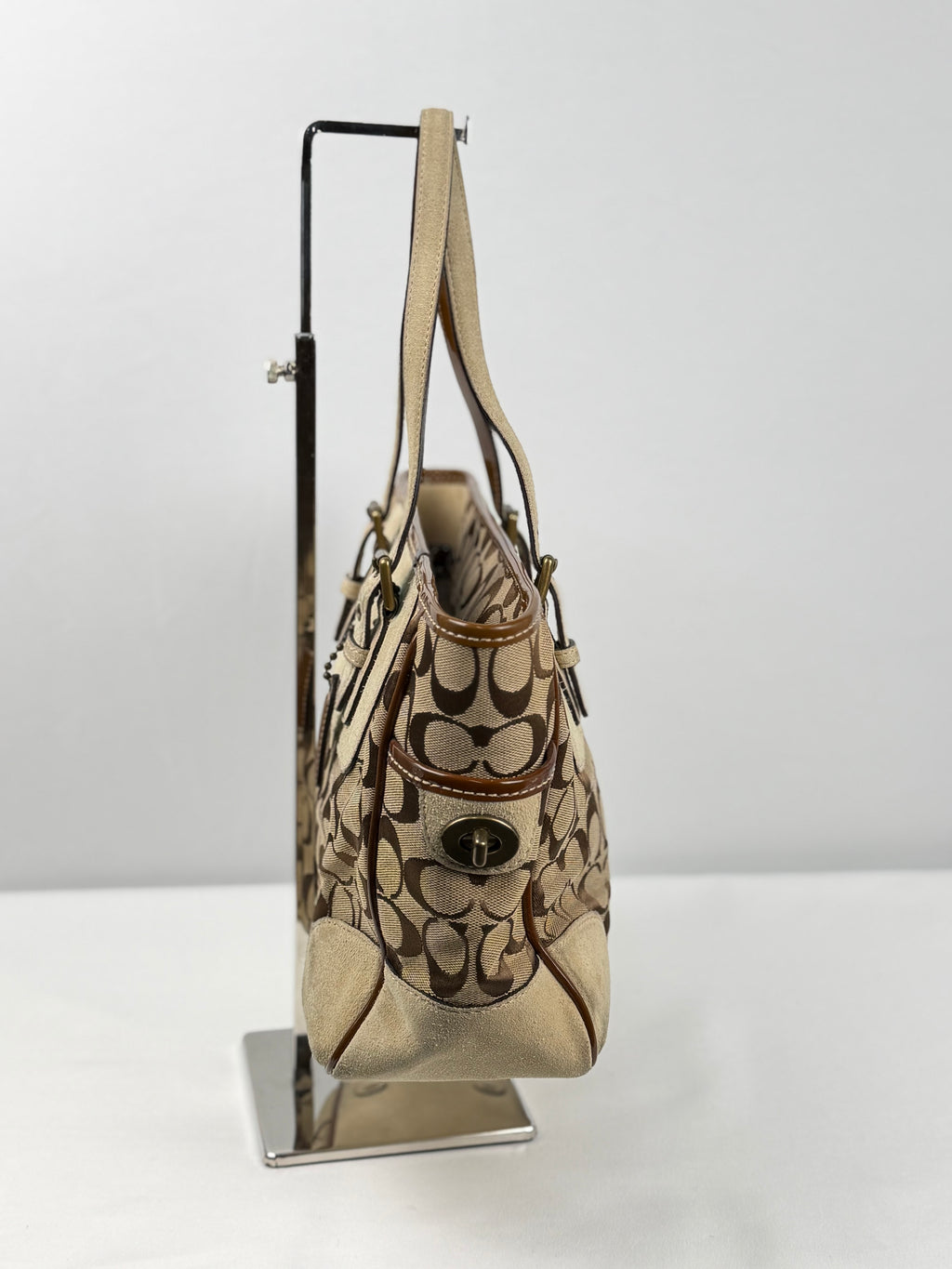 Coach 1443 Signature Brown monogram Tote Shoulder Bag Suede Leather Trim