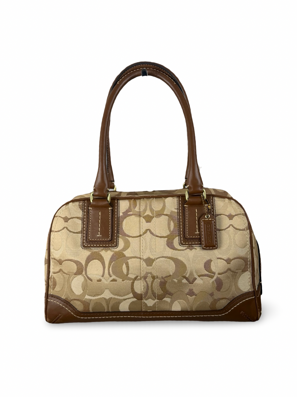 Coach 10777 Brown/Beige Optic Art Monogram Boston Shoulder Bag Brown Leather Trim