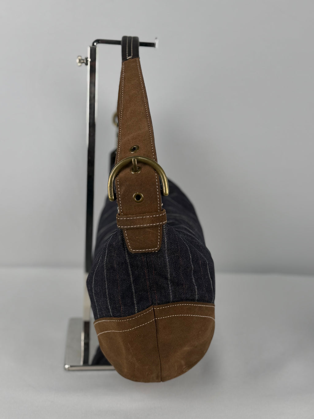 Coach 9527 Hobo Denim Pinistripe Shoulder Bag Brown Suede Leather Trim