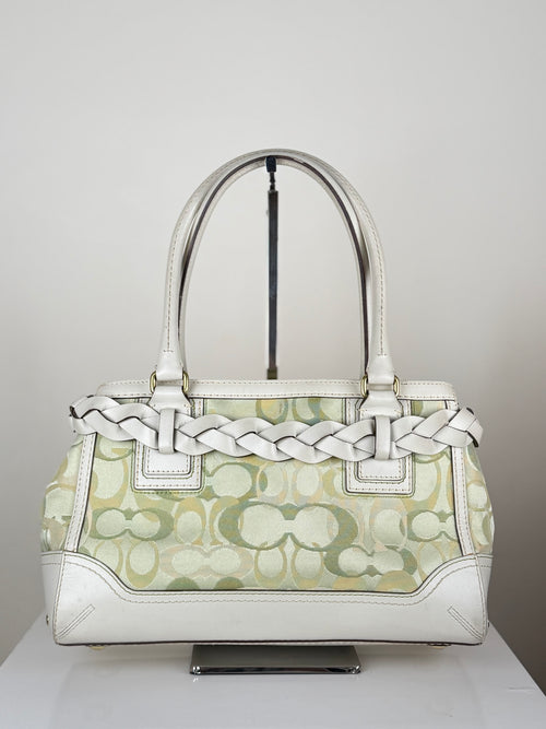 Coach 10785 Hampton Clip Green Optic Art Monogram Shoulder Bag White Leather Trim
