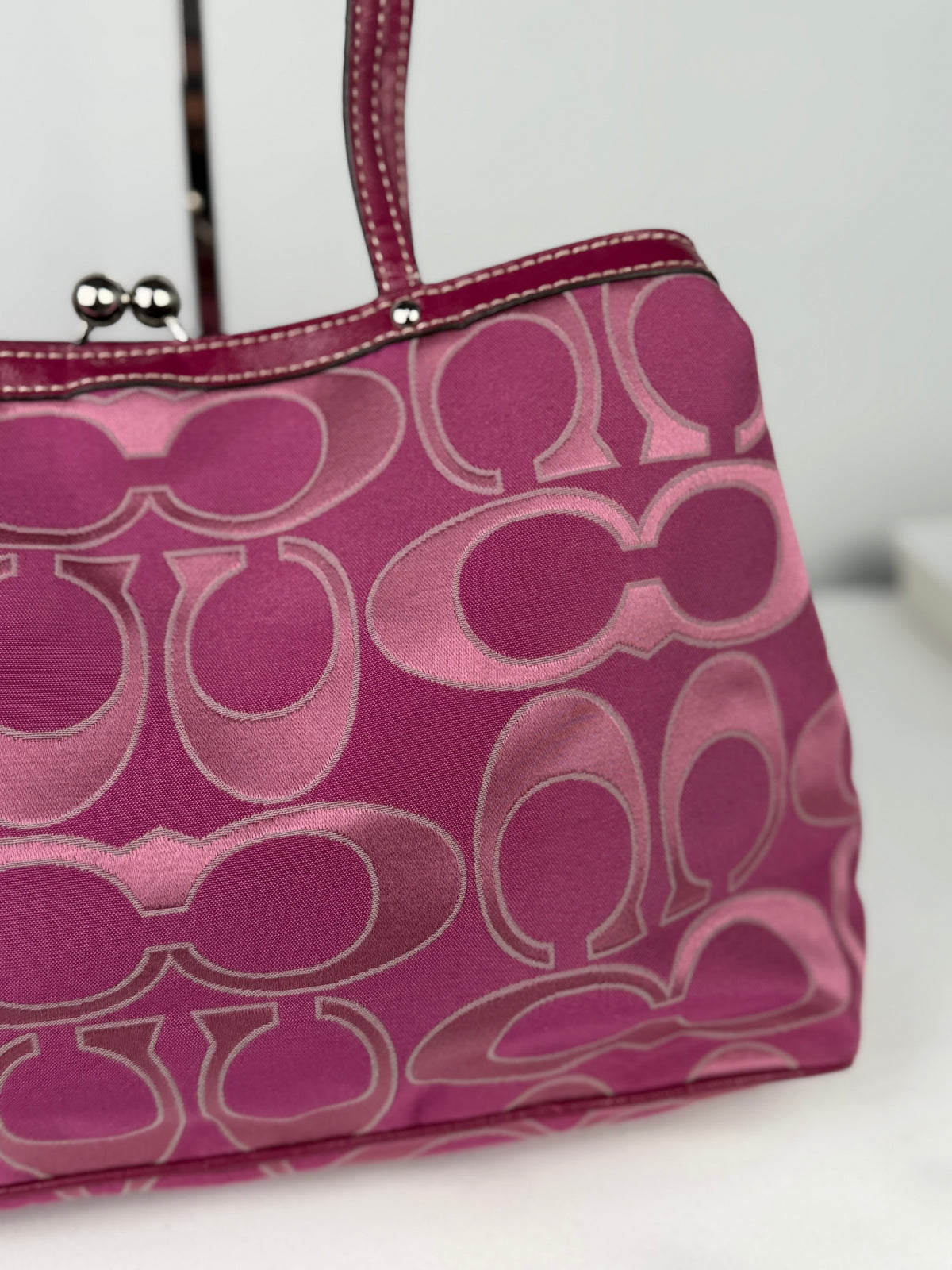 Coach F19460 Kisslock Signature Pink Monogram Shoulder Bag Leather Trim