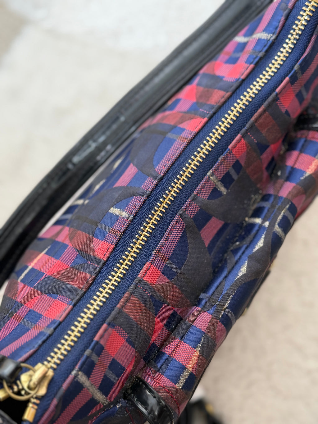 Coach 21621 Check Pattern Blue/Red/Pink Monogram Shoulder Bag