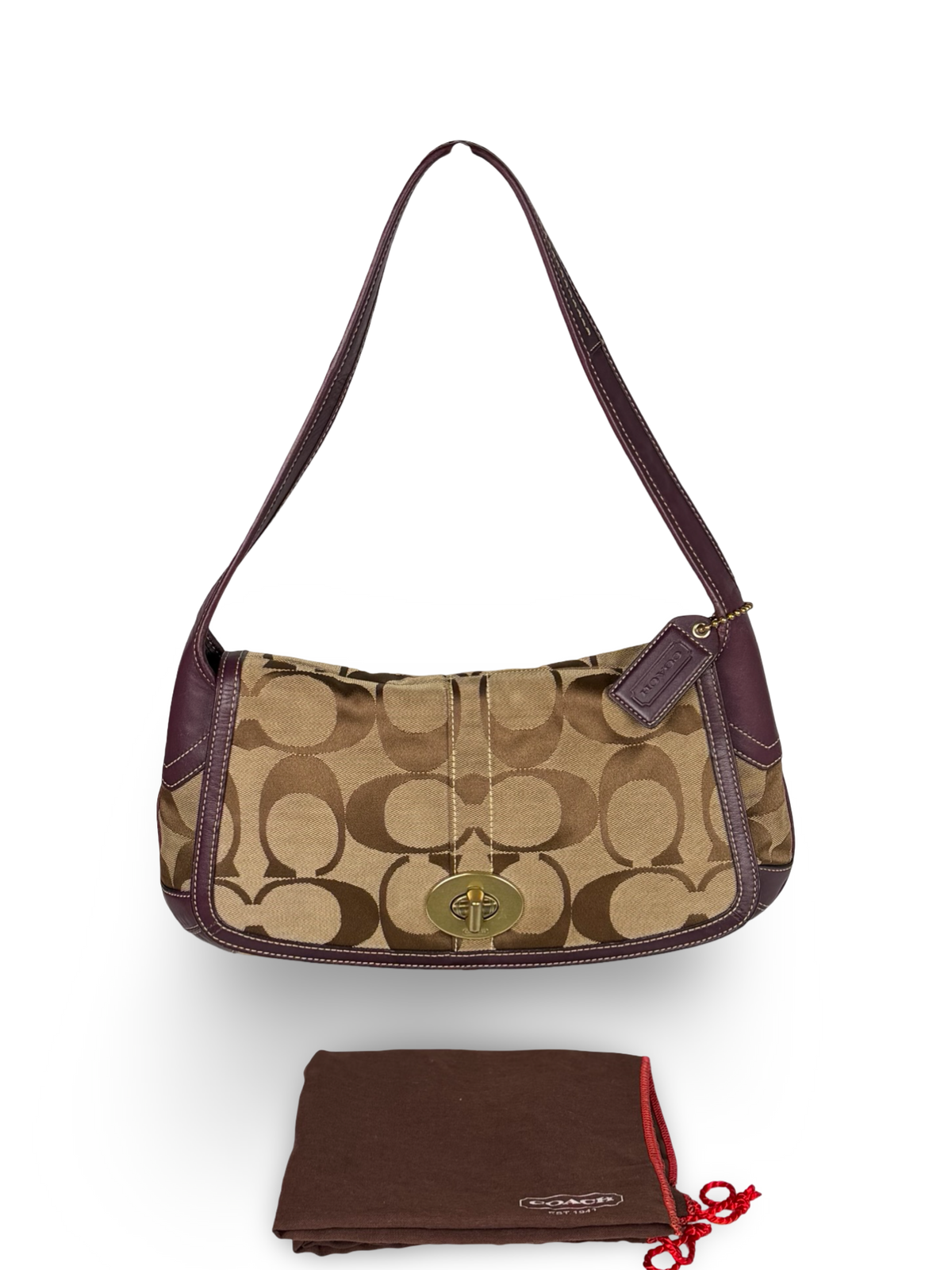 Coach 11257 Ergo Turnlock Flap Signature Shoulder Bag Purple Leather Trim with dustbag