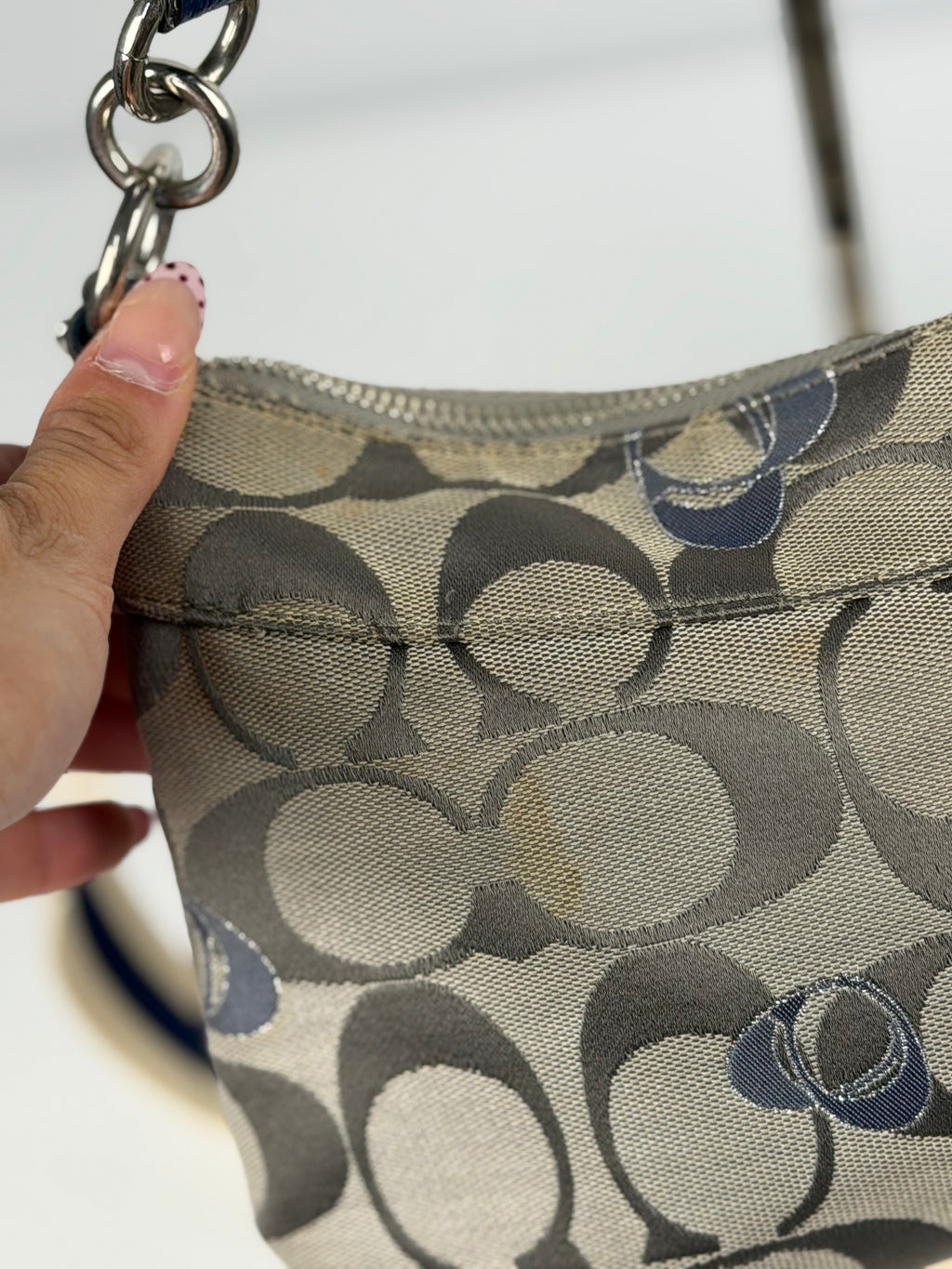 Coach F18756 Poppy Beige Monogram Blue Leather Trim Shoulder Bag