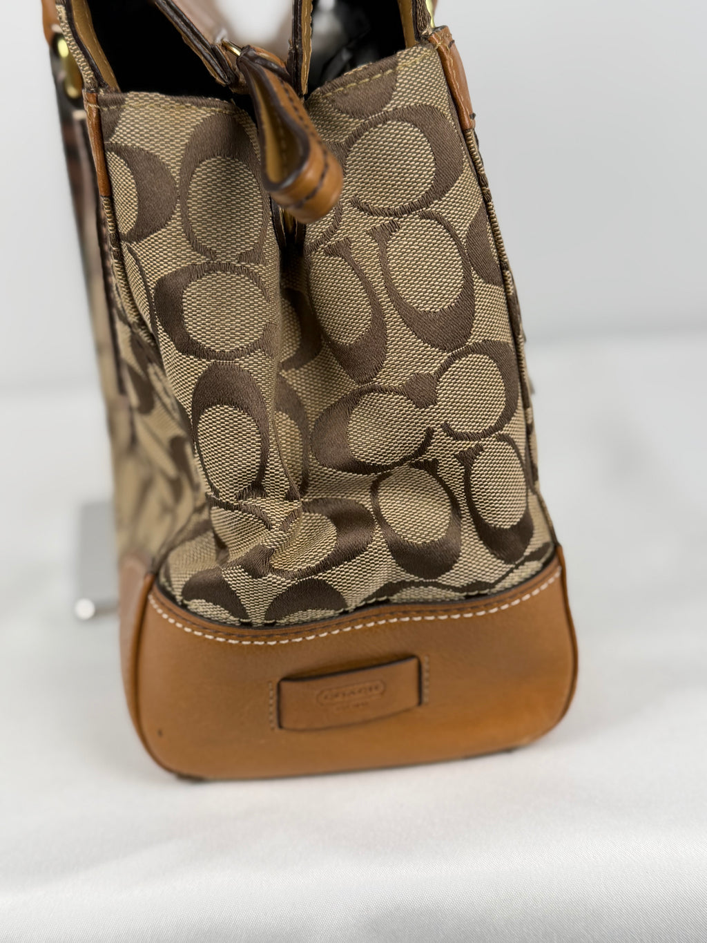 Coach 11063 Hampton Turnlock Signature Brown Monogram Shoulder Bag Leather Trim