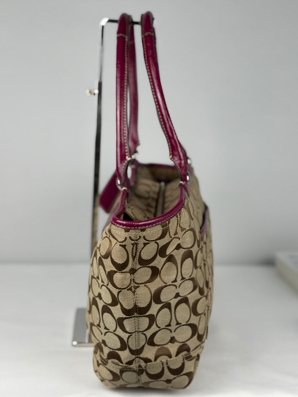 Coach F14385 Bleecker Signature Brown Shoulder Bag Purple Leather Trim